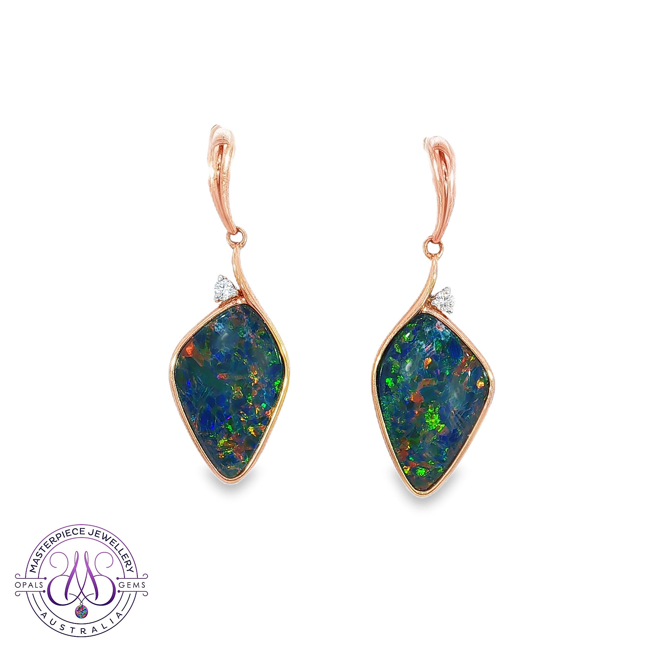 14kt rose gold opal doublet drop earrings with diamond accents and multicolour play-of-colour