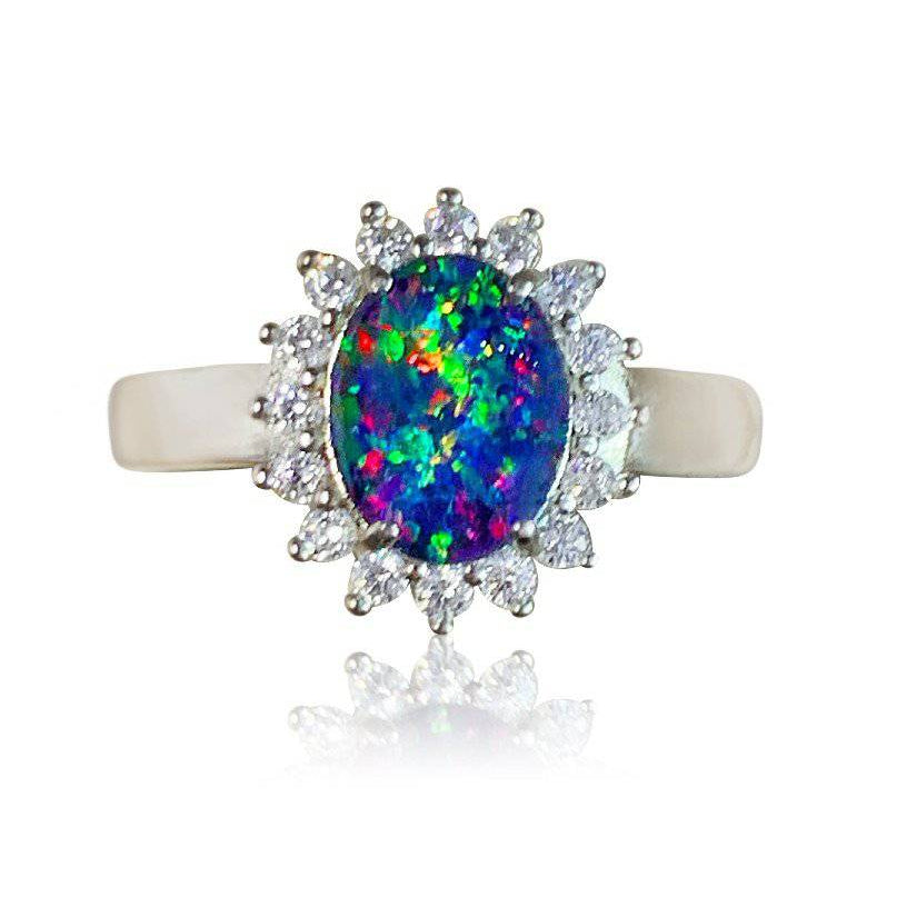 Sterling Silver Opal triplet 10x8mm cluster ring with cubic zirconias