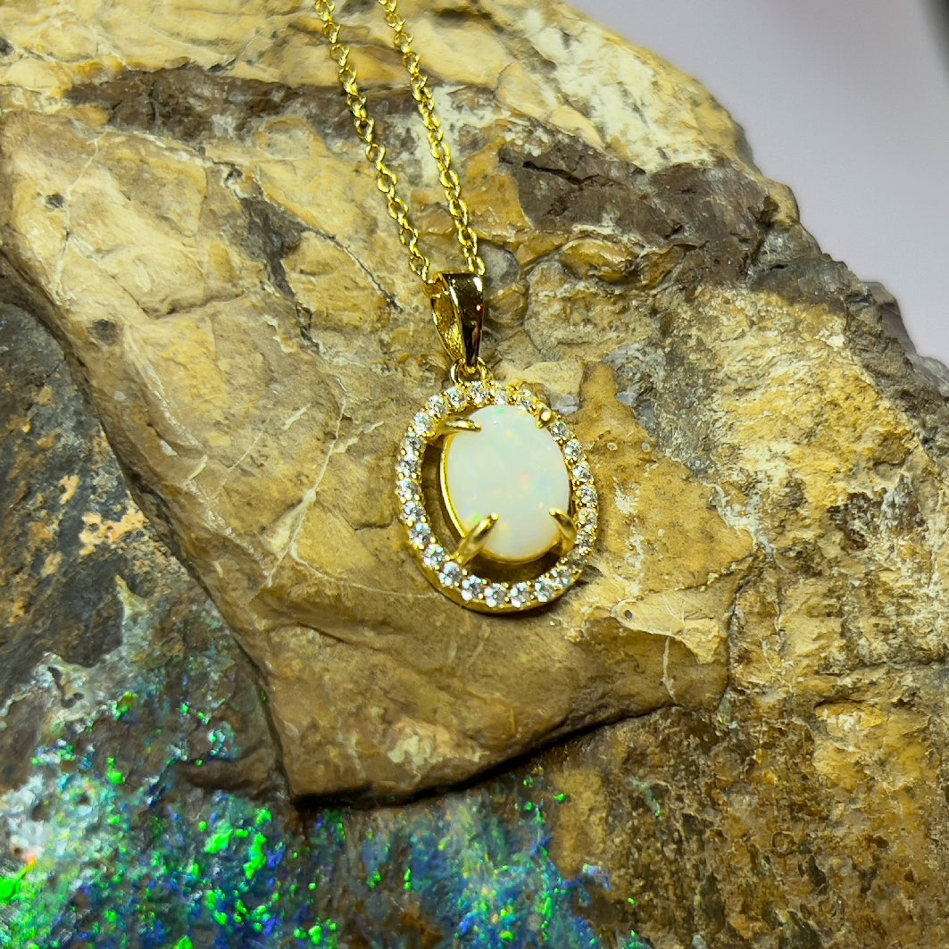 Gold plated Sterling Silver 9x7mm White Opal halo pendant - Masterpiece Jewellery Opal & Gems Sydney Australia | Online Shop