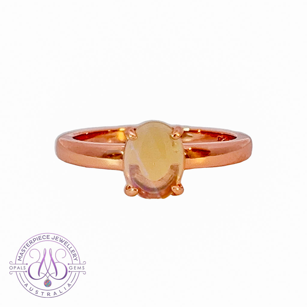 Rose Gold plated silver 8x6mm White Opal solitaire ring - Masterpiece Jewellery Opal & Gems Sydney Australia | Online Shop