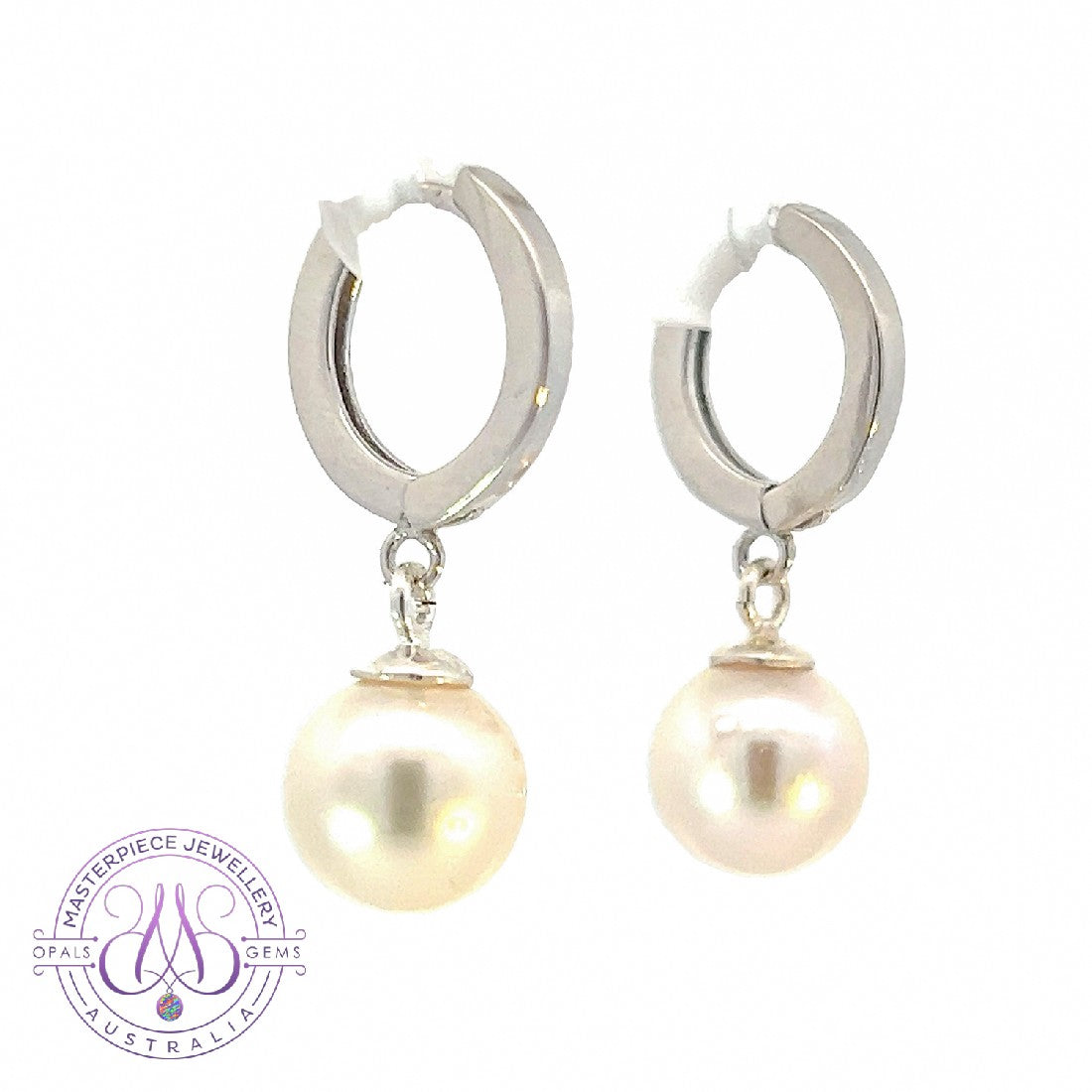 Pair of Sterling Silver 8-8.5mm Akoya pearls on huggies - Masterpiece Jewellery Opal & Gems Sydney Australia | Online Shop