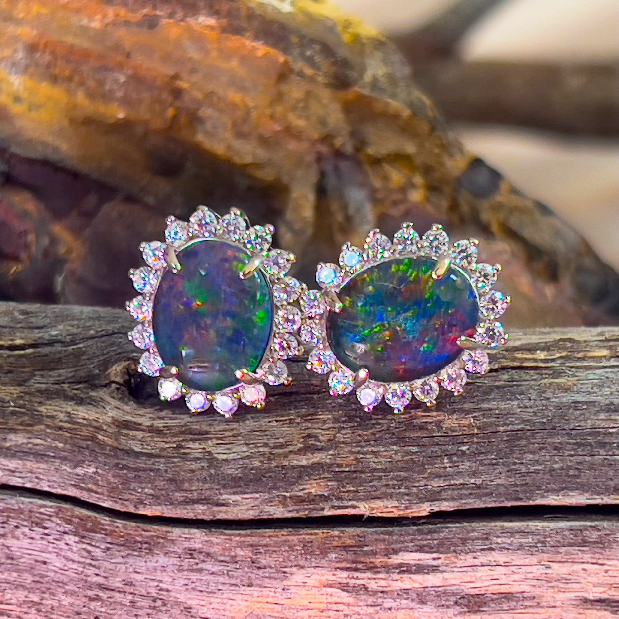 Sterling Silver 10x8mm Opal triplet cluster earrings studs