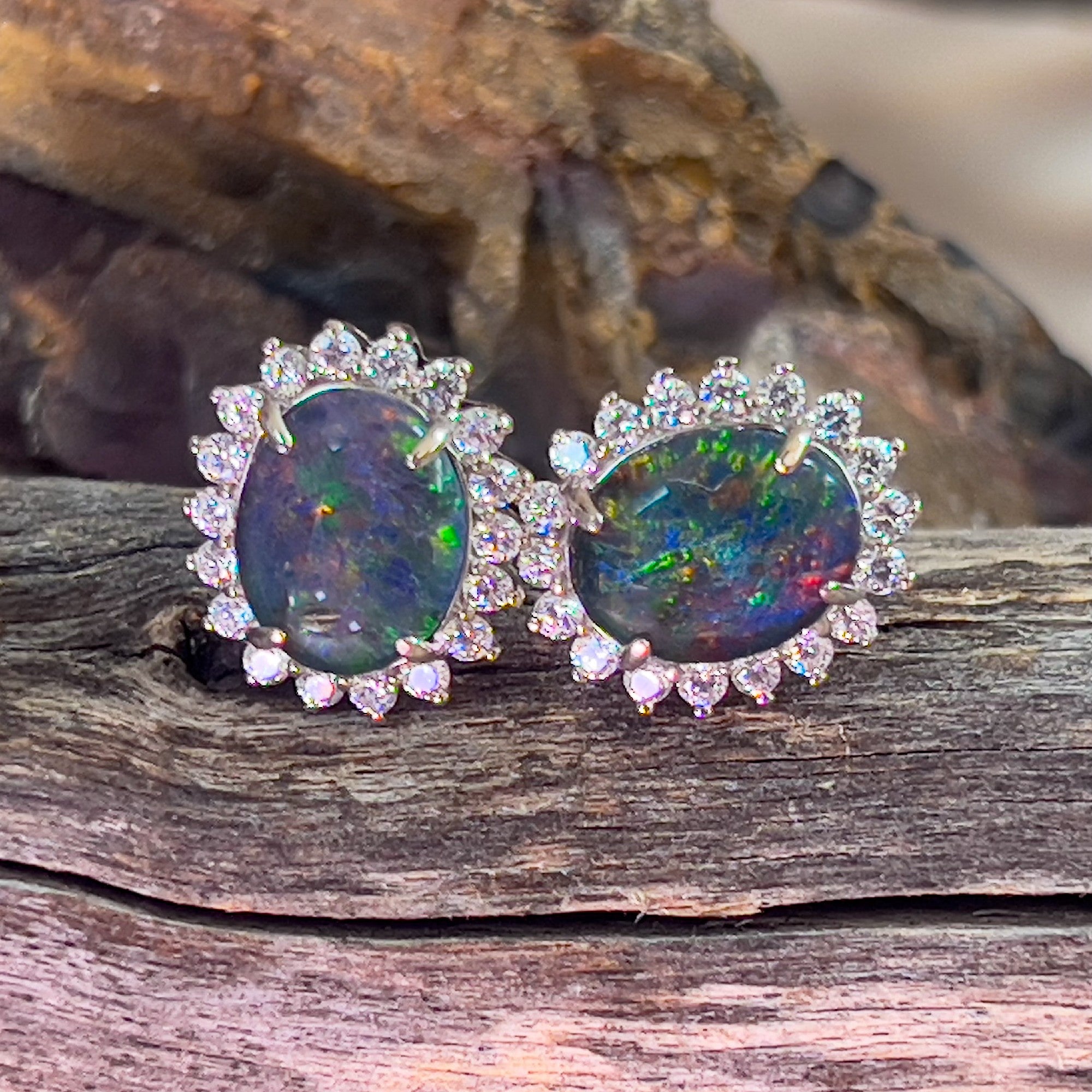 Sterling Silver 10x8mm Opal triplet cluster earrings studs