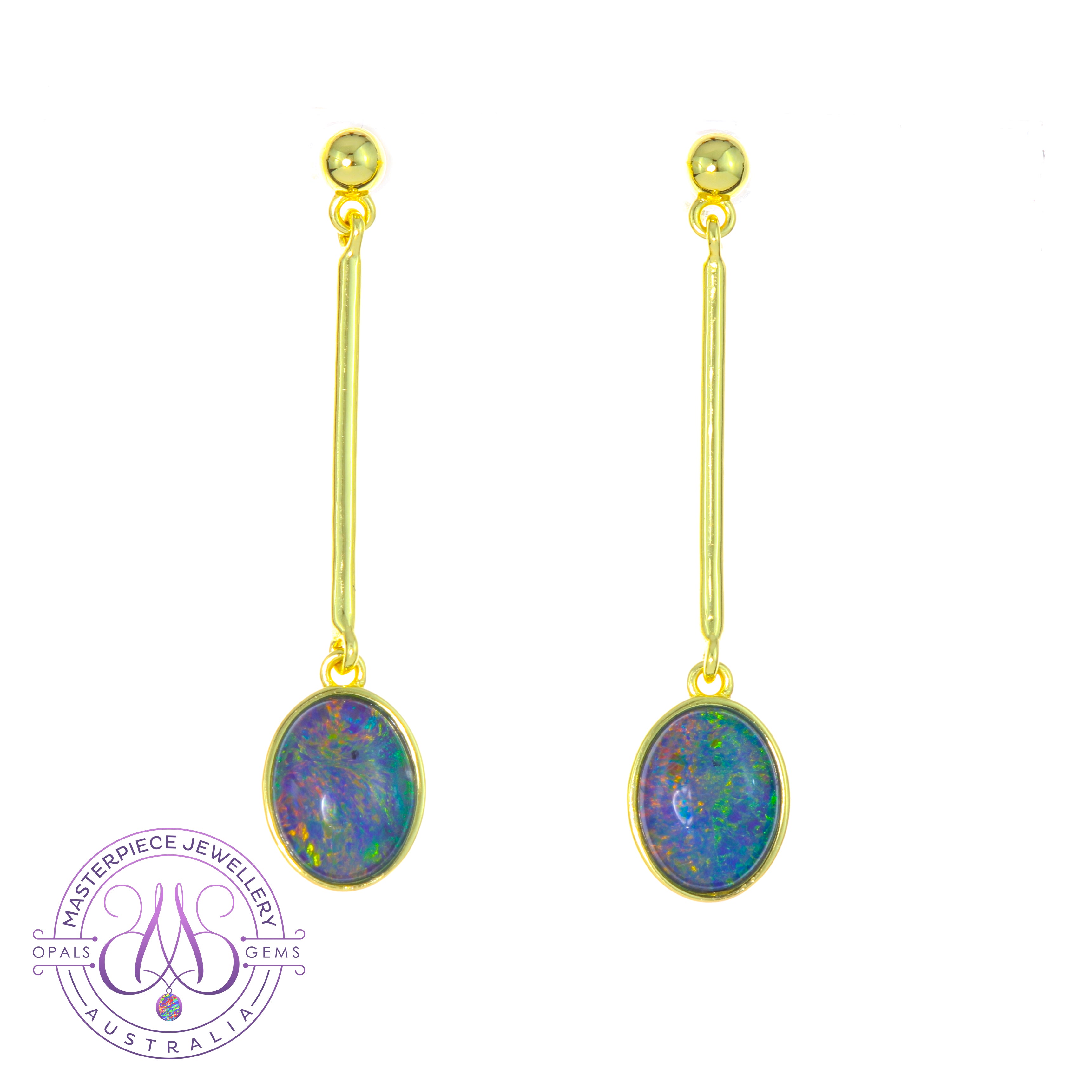 Gold Plated Sterling Silver Dangle earrings 9x7mm Triplet Opals - Masterpiece Jewellery Opal & Gems Sydney Australia | Online Shop