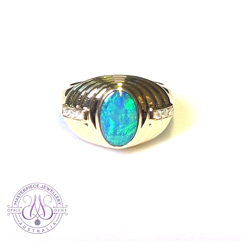 14kt Yellow Gold raised setting Black Opal and diamond ring