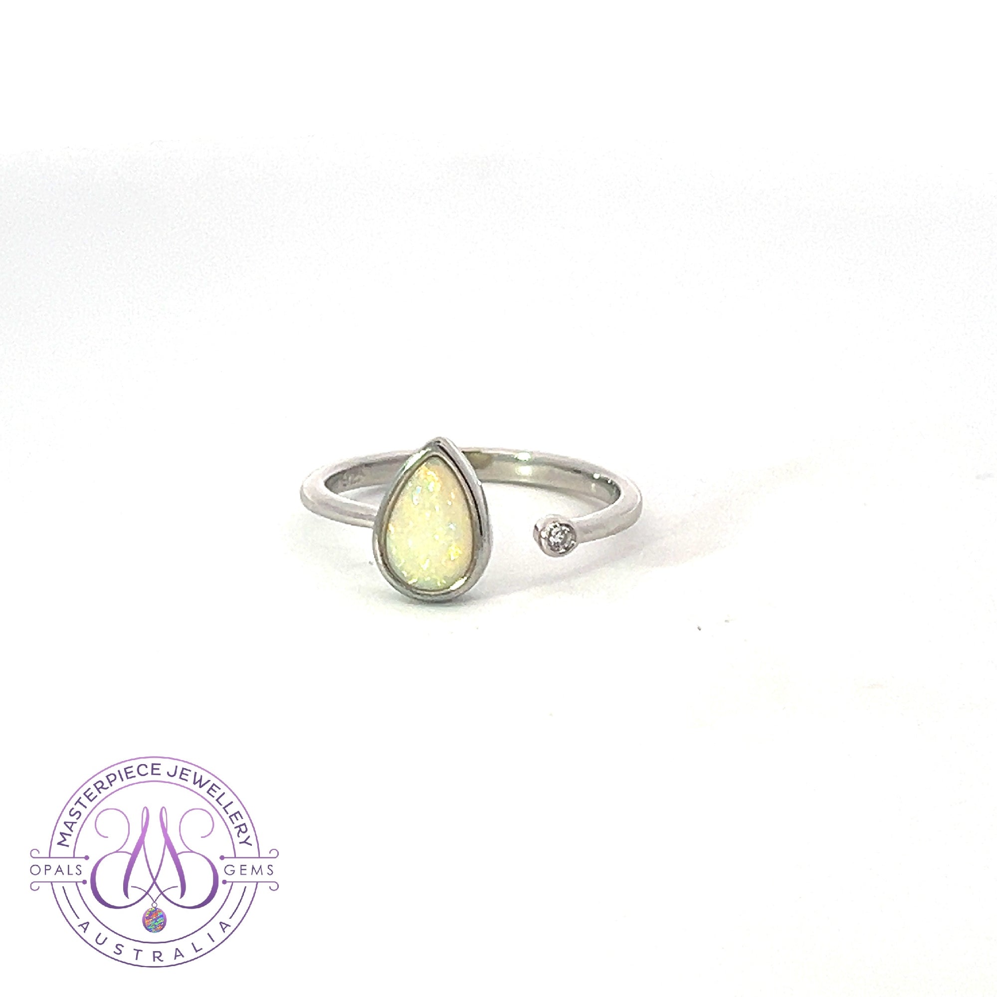 Sterling Silver Pear shape White Opal 8x6mm solitaire ring
