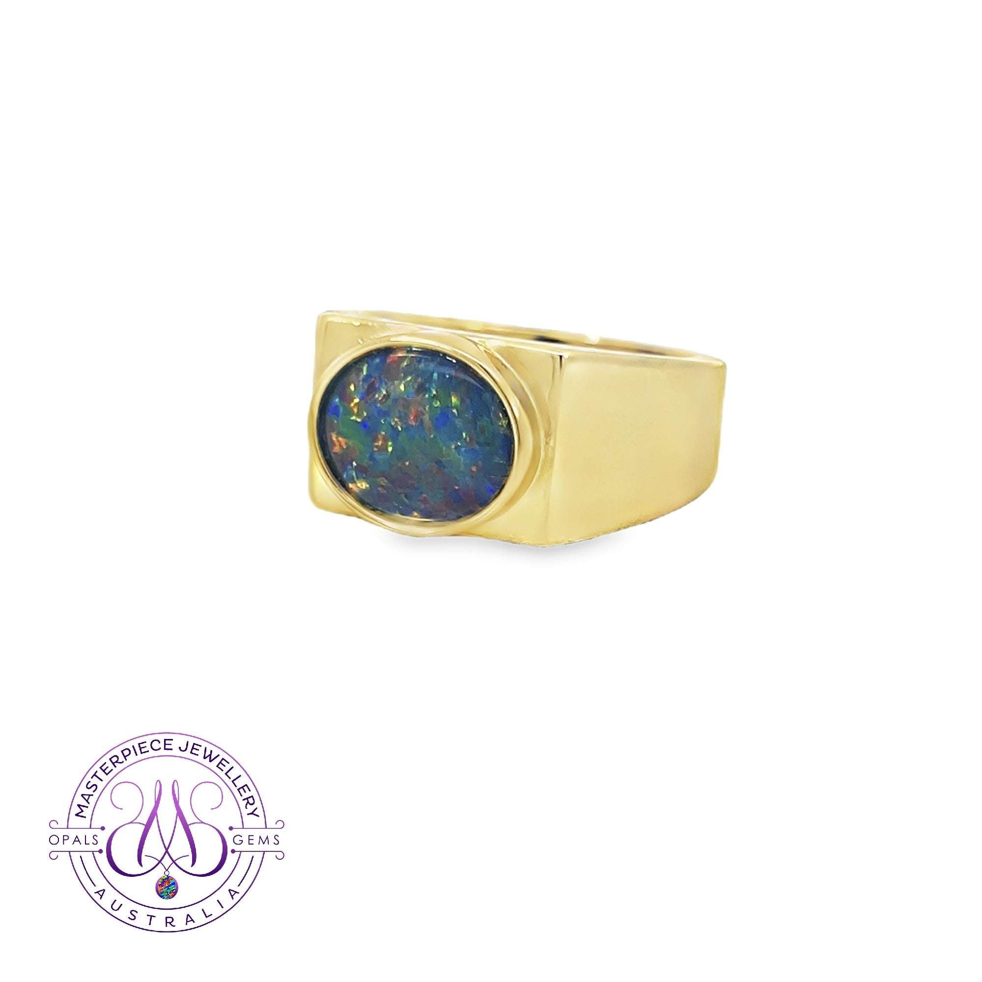 Gold Plated Sterling Silver rectangular mens ring 12x10mm Opal triplet ring