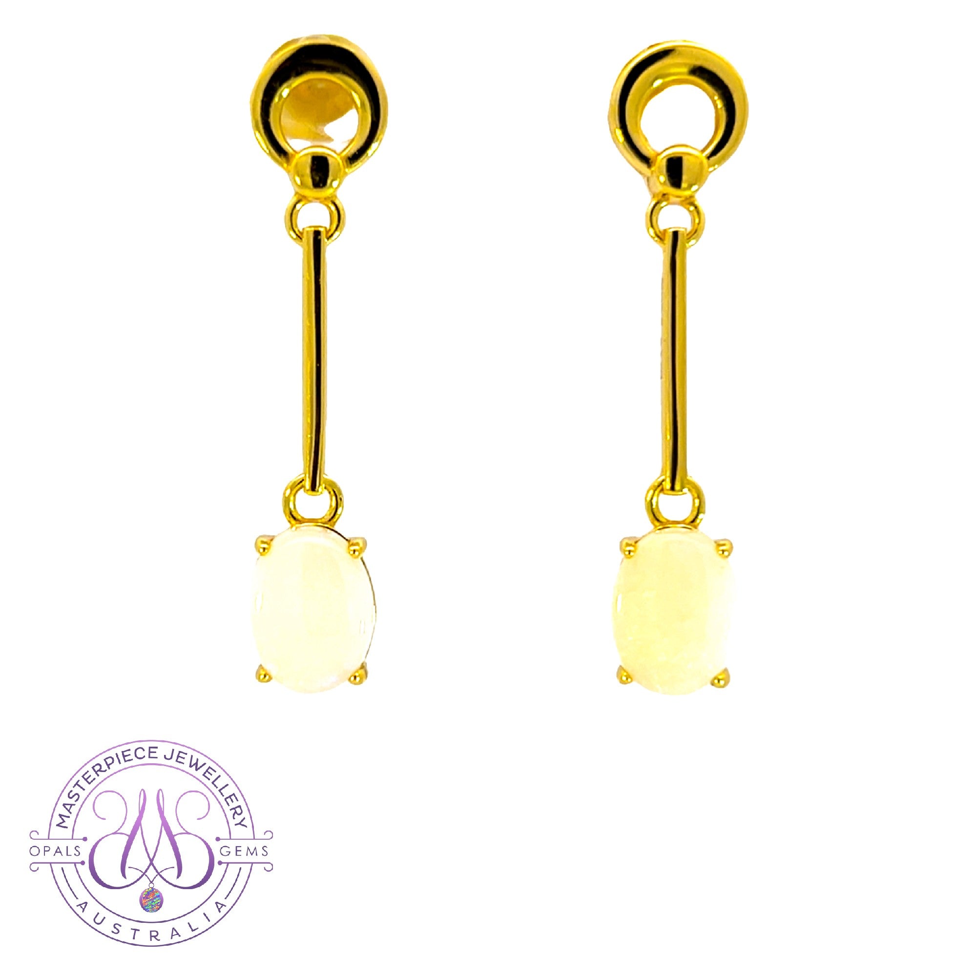 Gold plated silver White Opal earrings dangling claw set 8x6mm