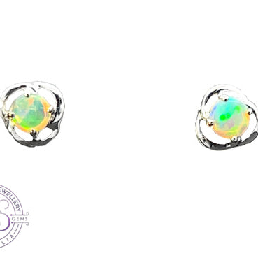14kt White gold short dangle 3mm Crystal Opal circle studs