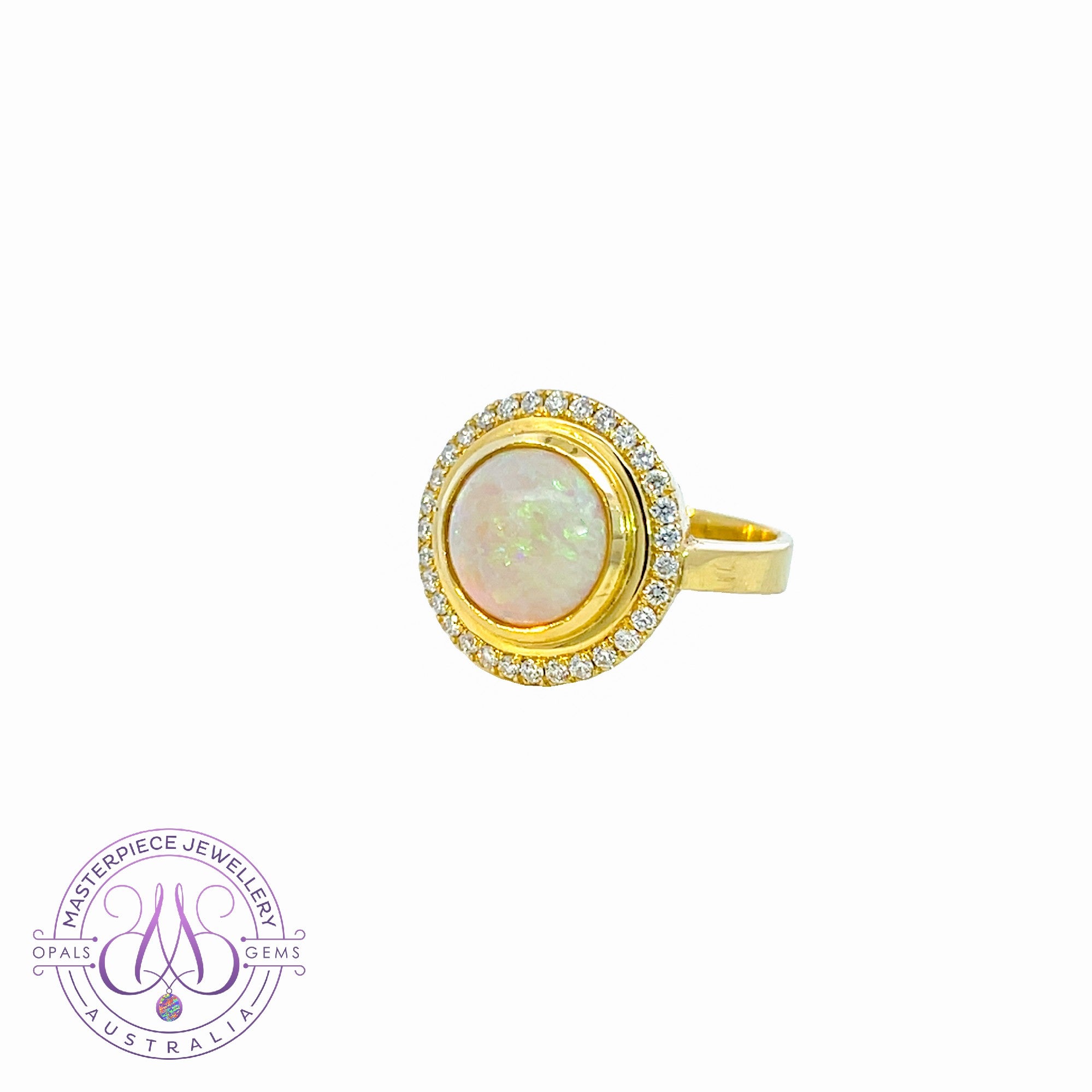 18kt Yellow Gold Round Halo Blue Opal and diamond ring
