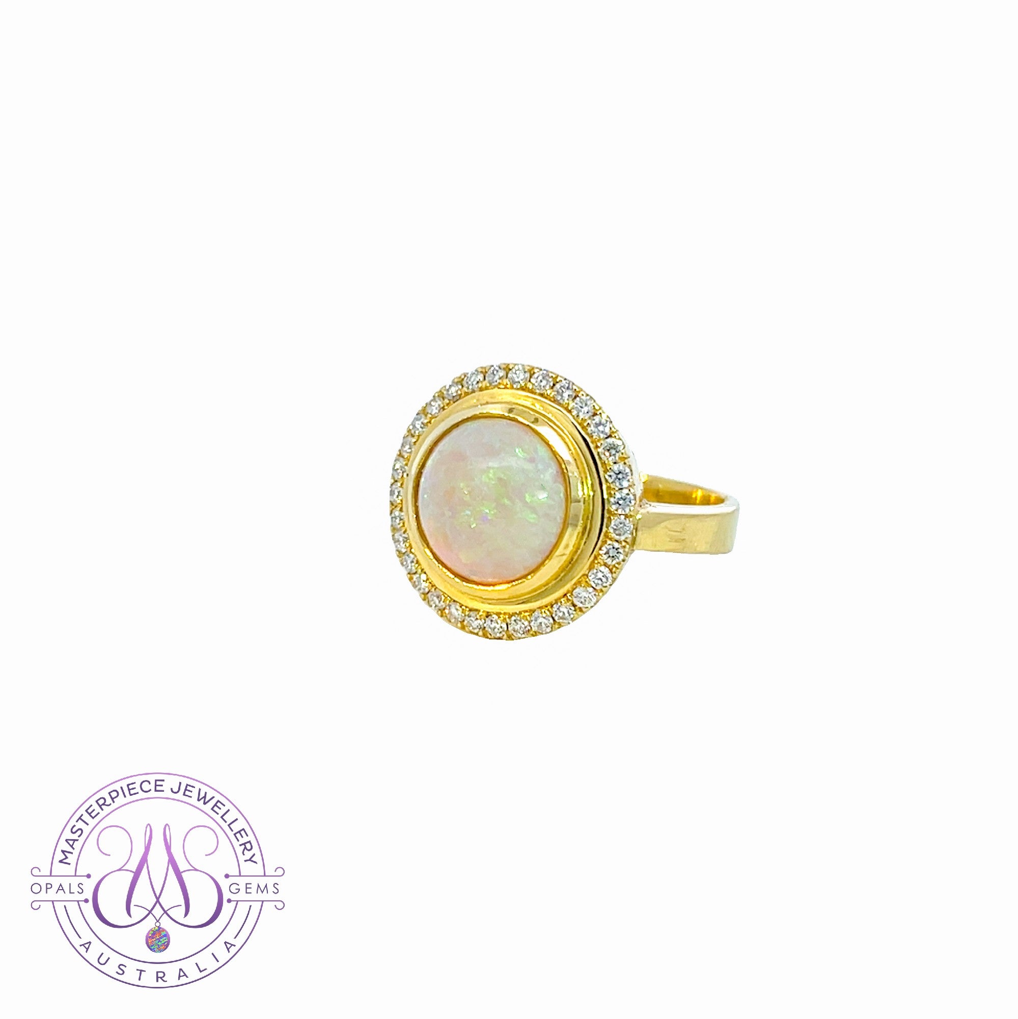 18kt Yellow Gold Round Halo Blue Opal and diamond ring