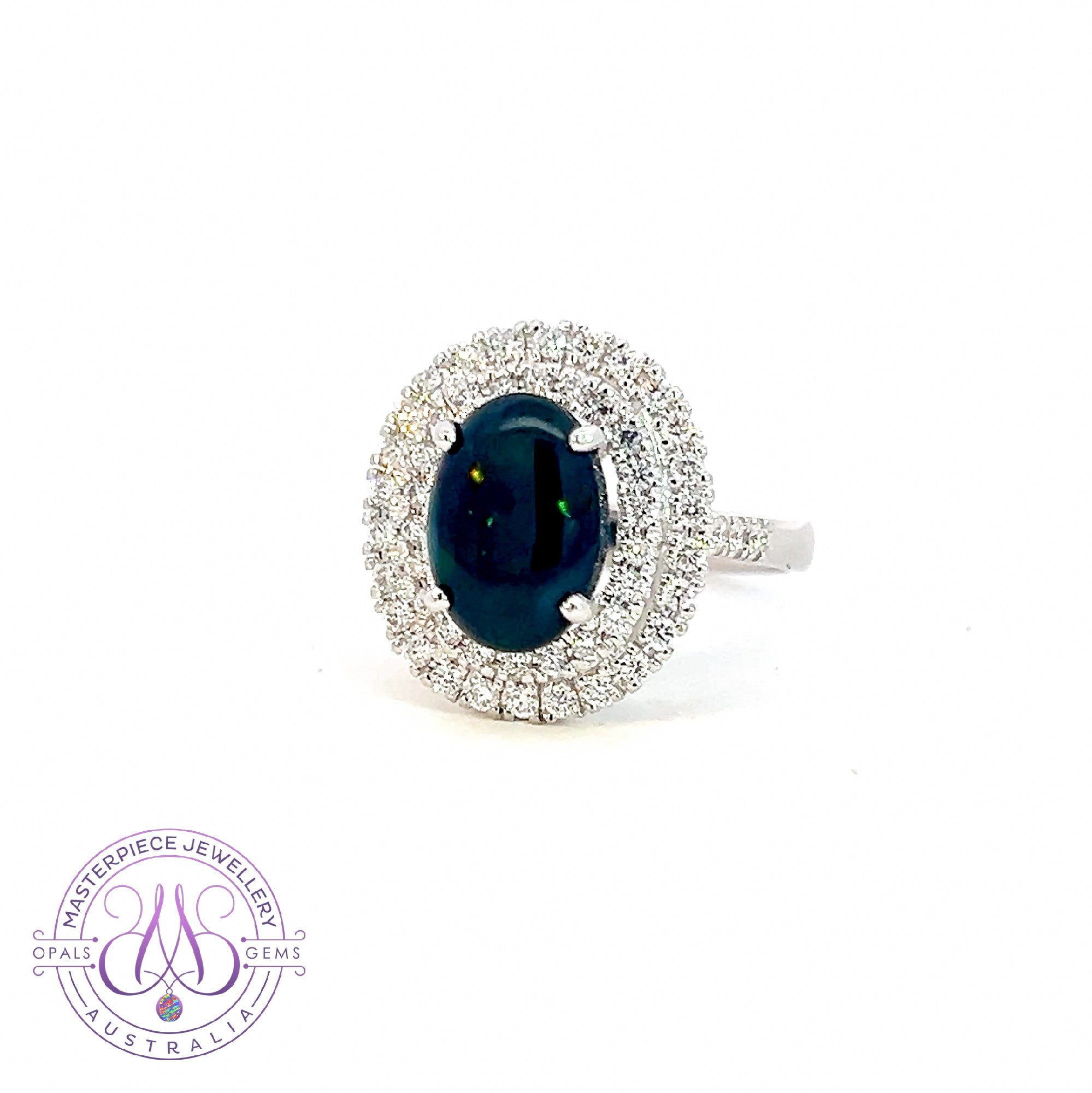 18kt White Gold double halo Black Opal and diamond ring