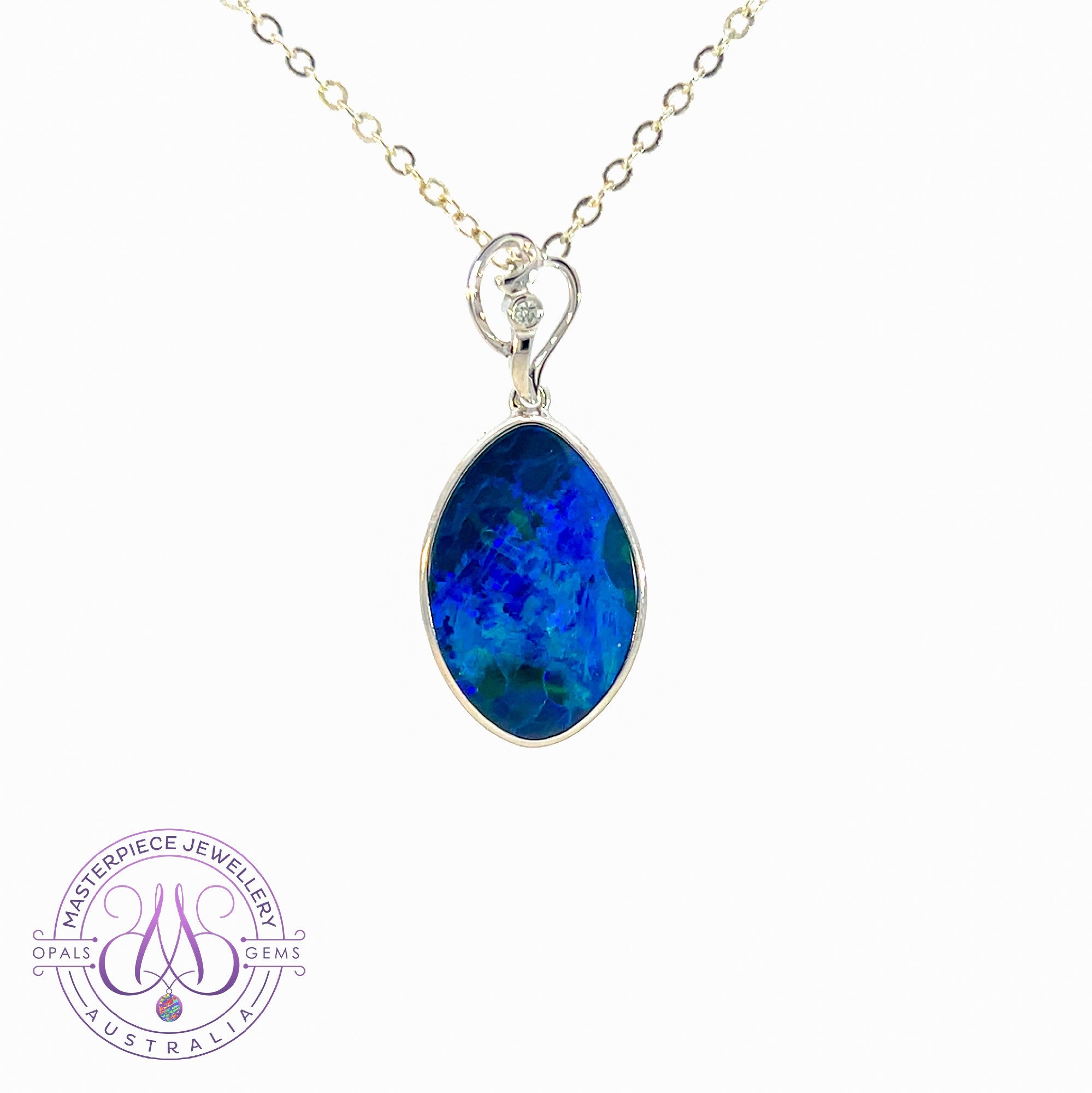 14kt White Gold Blue Green Opal large pendant bezel set