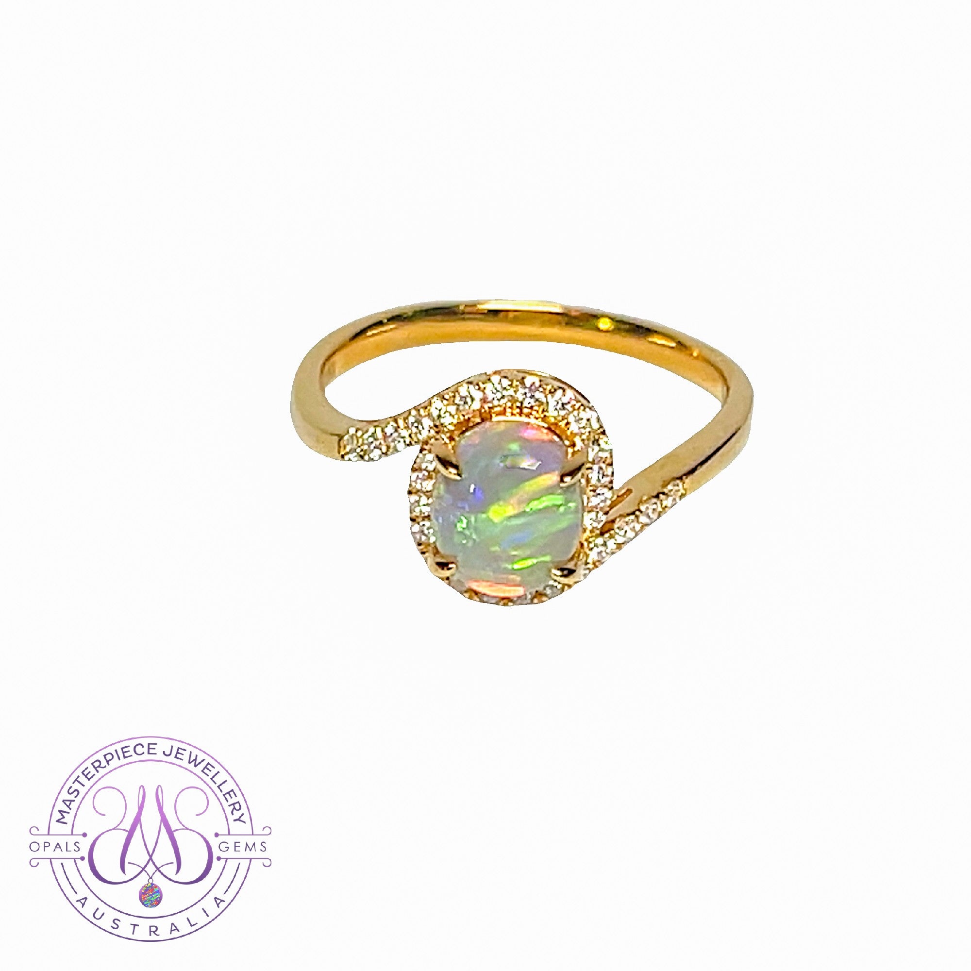 18kt Yellow Gold swirl ring with Opal crystal 0.95ct and diamonds