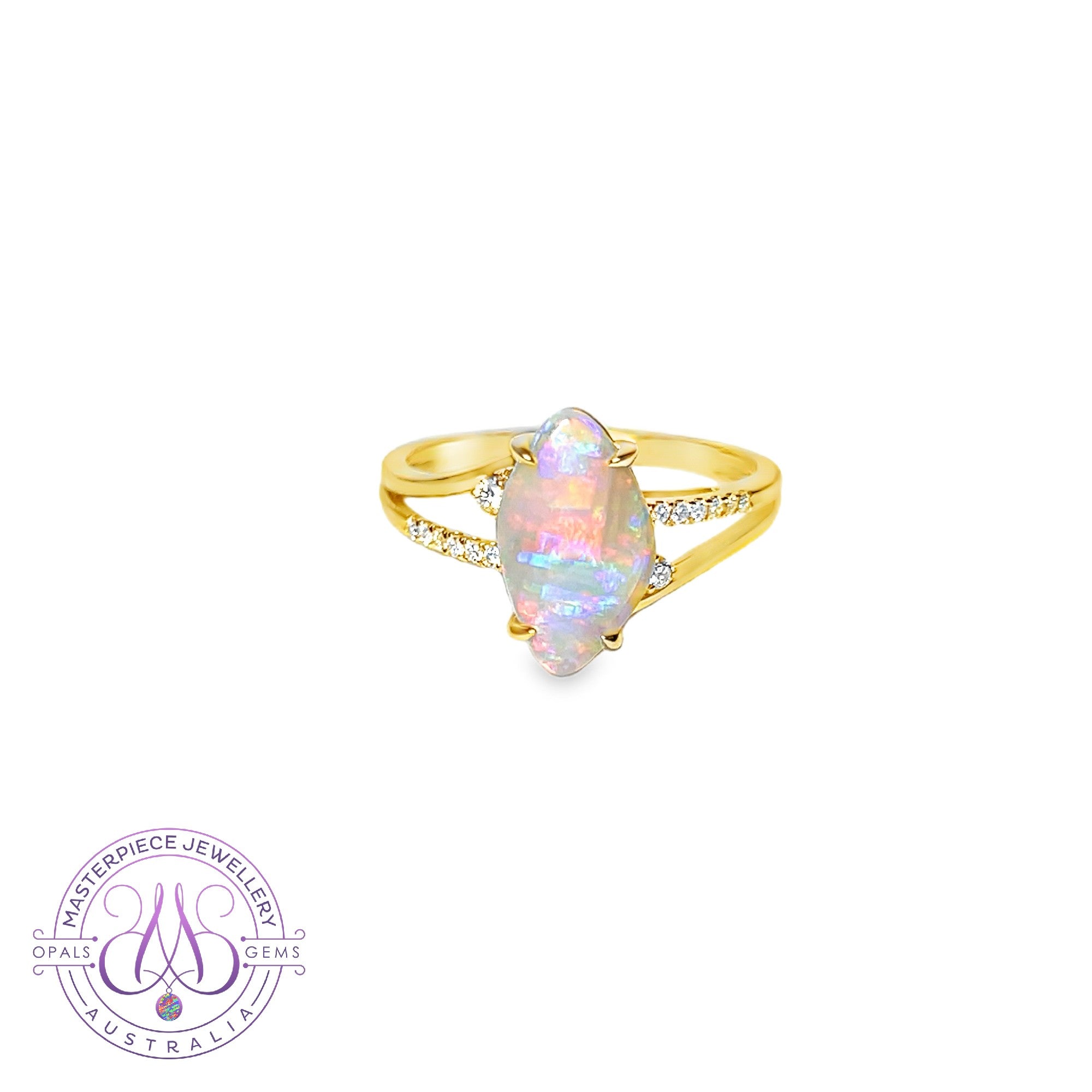18kt Yellow Gold split shank ring 1.3ct Opal and diamonds