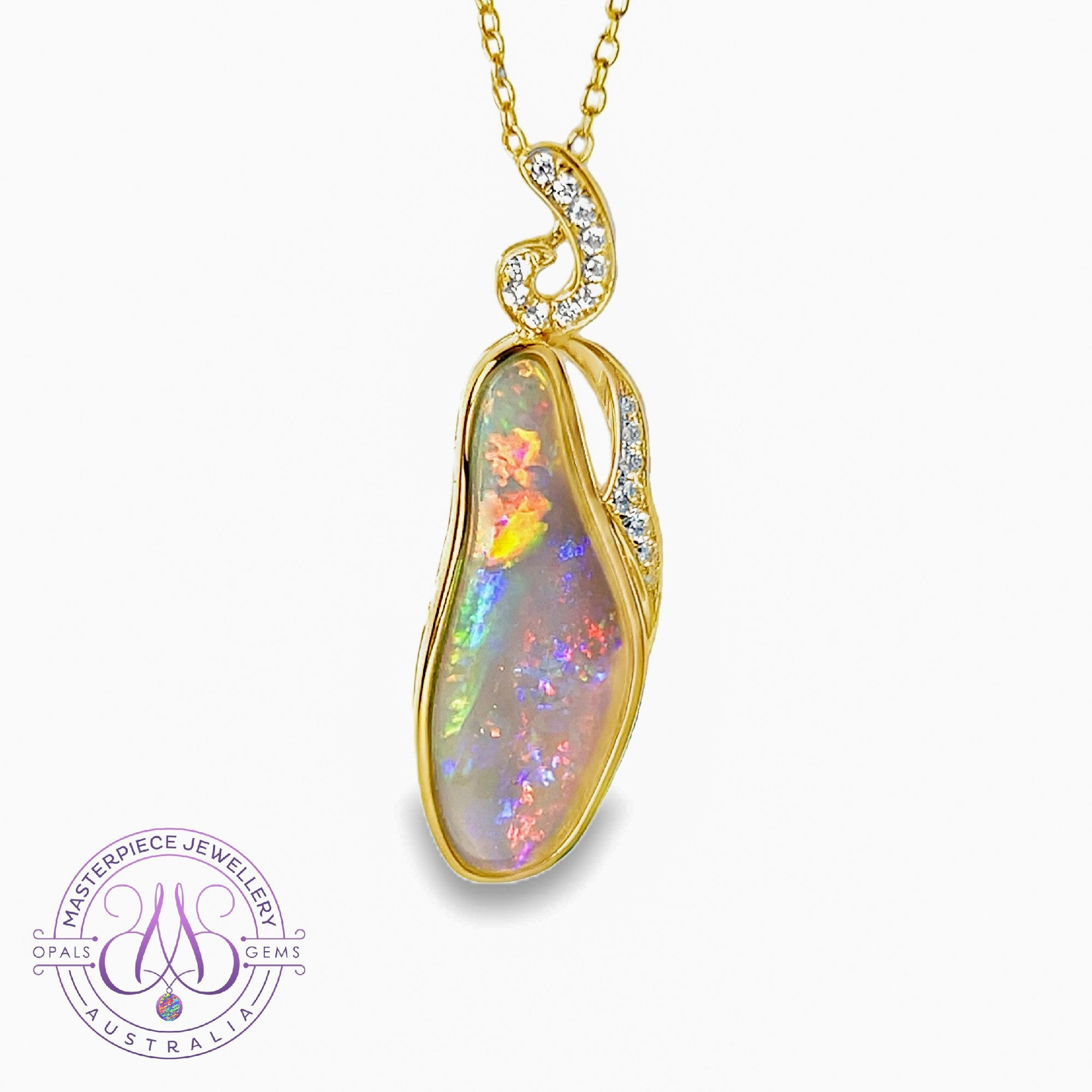 18kt Yellow Gold Red Purple Crystal Opal and diamond pendant