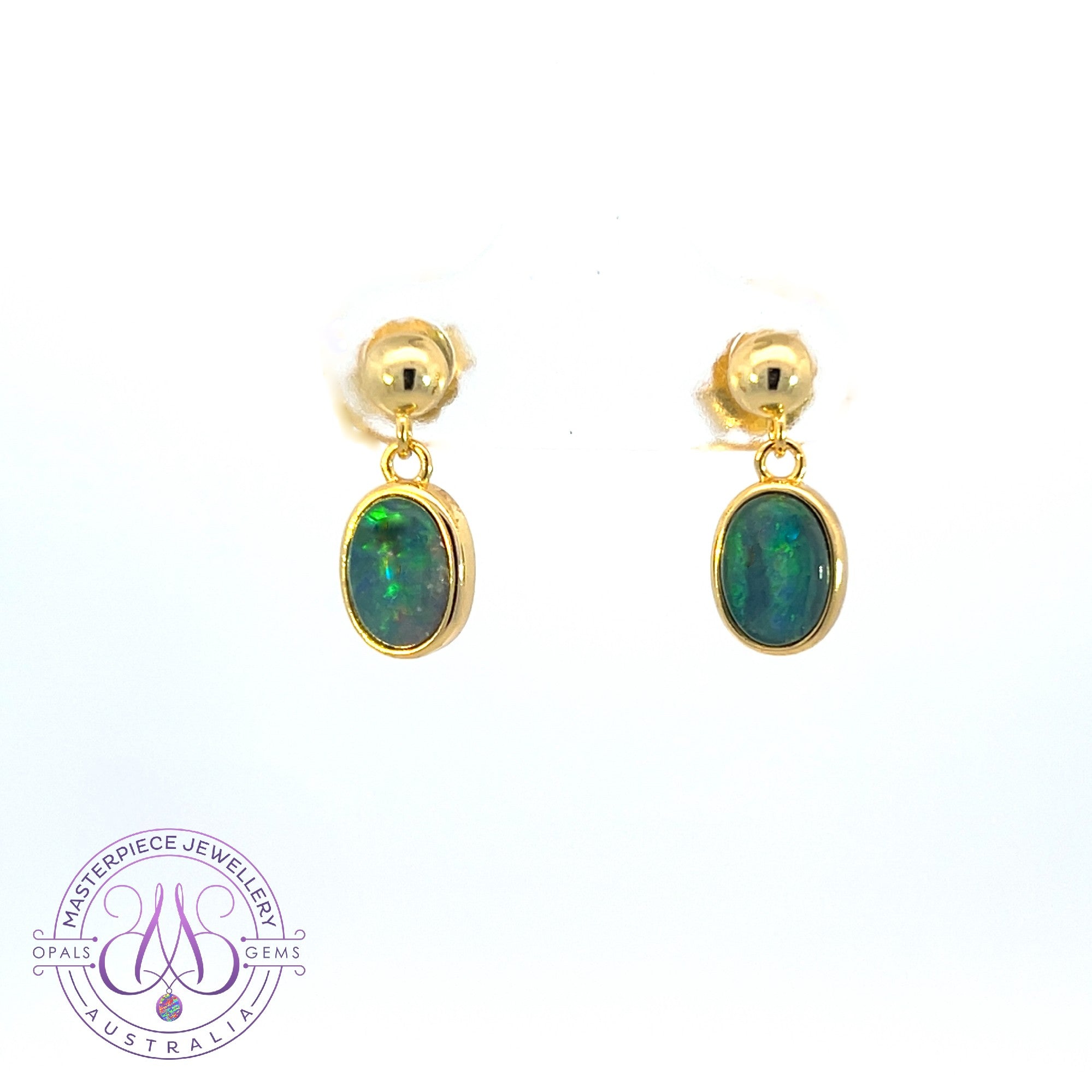 Gold Plated Silver short drop earrings 7x5mm Opal triplet