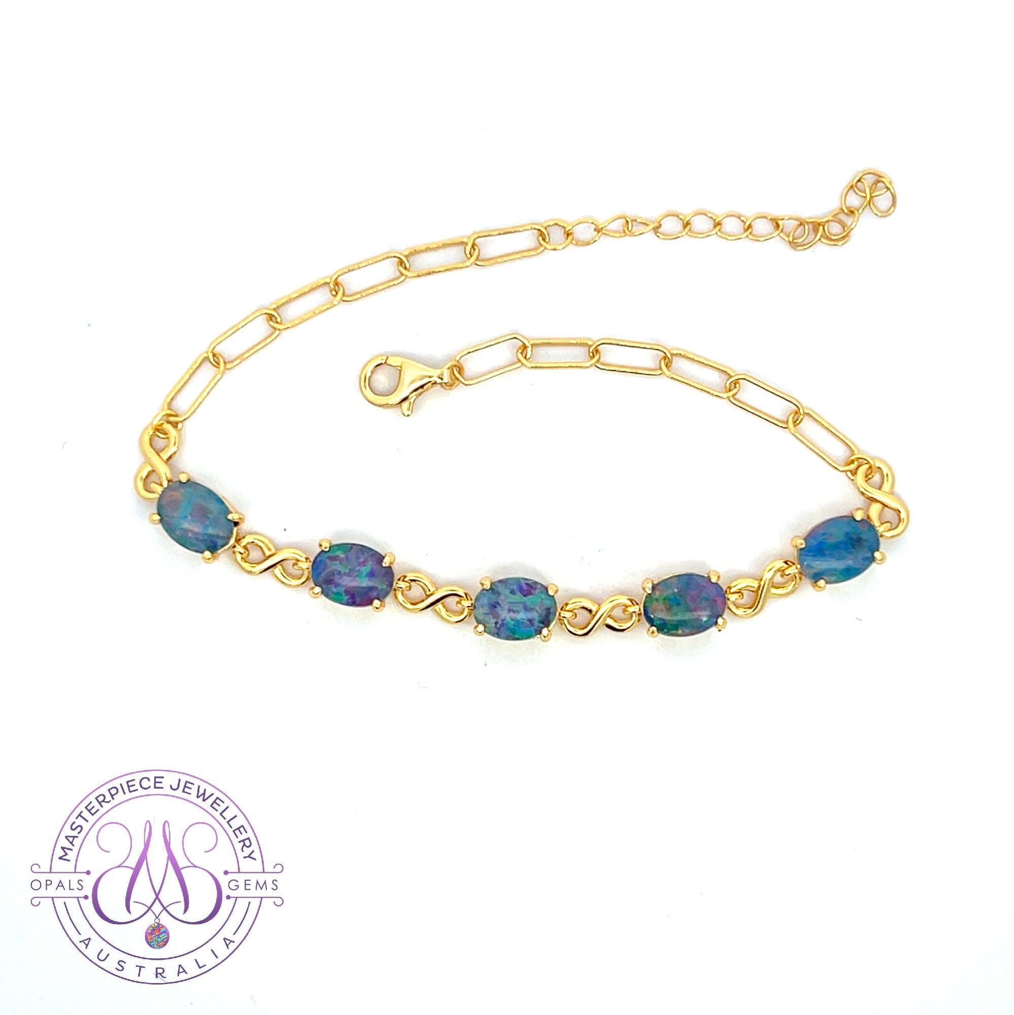Gold plated silver infinity style bracelet with 8x6mm Opal triplets
