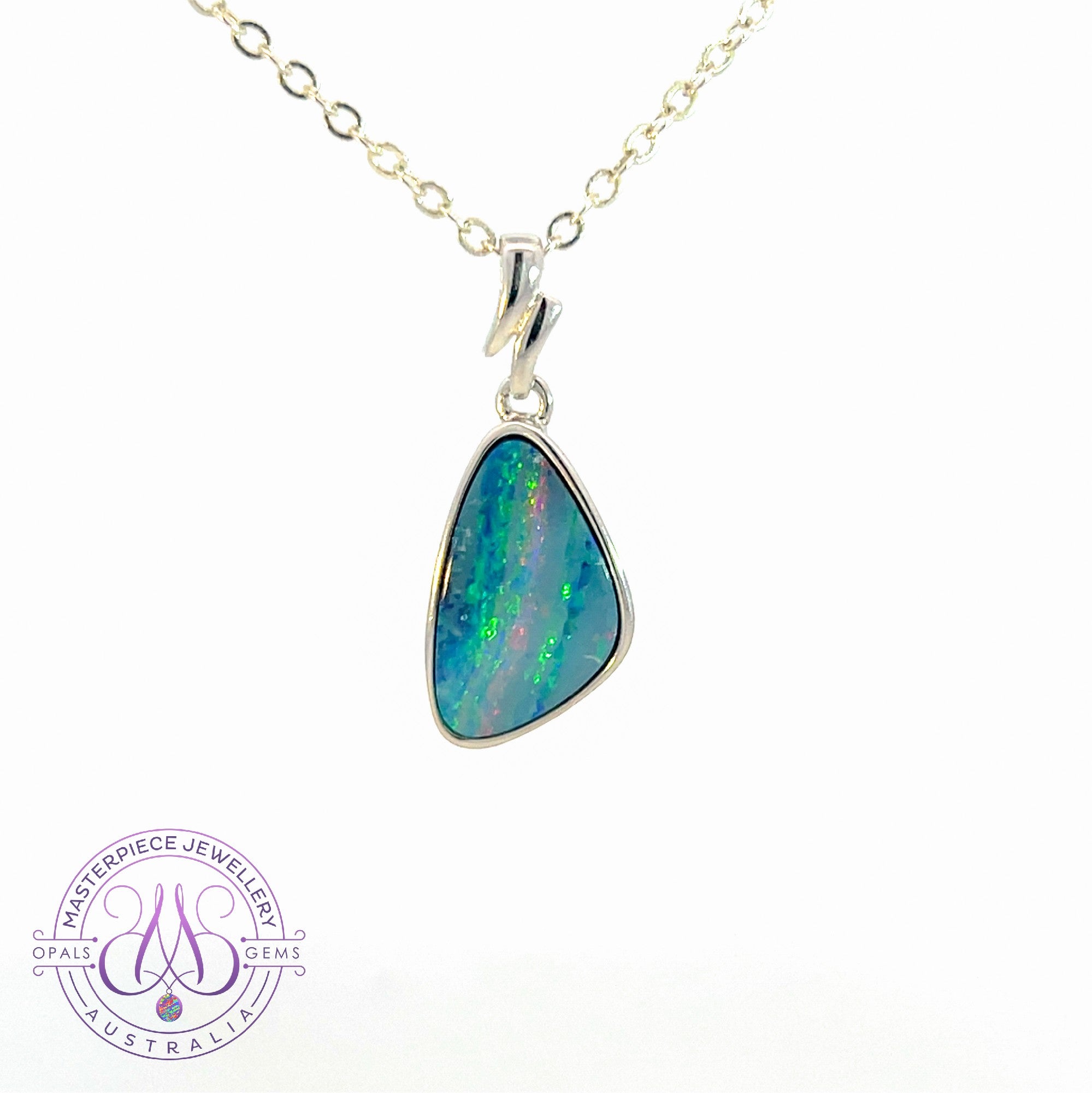 Sterling Silver Opal doublet pendant triangle line pattern