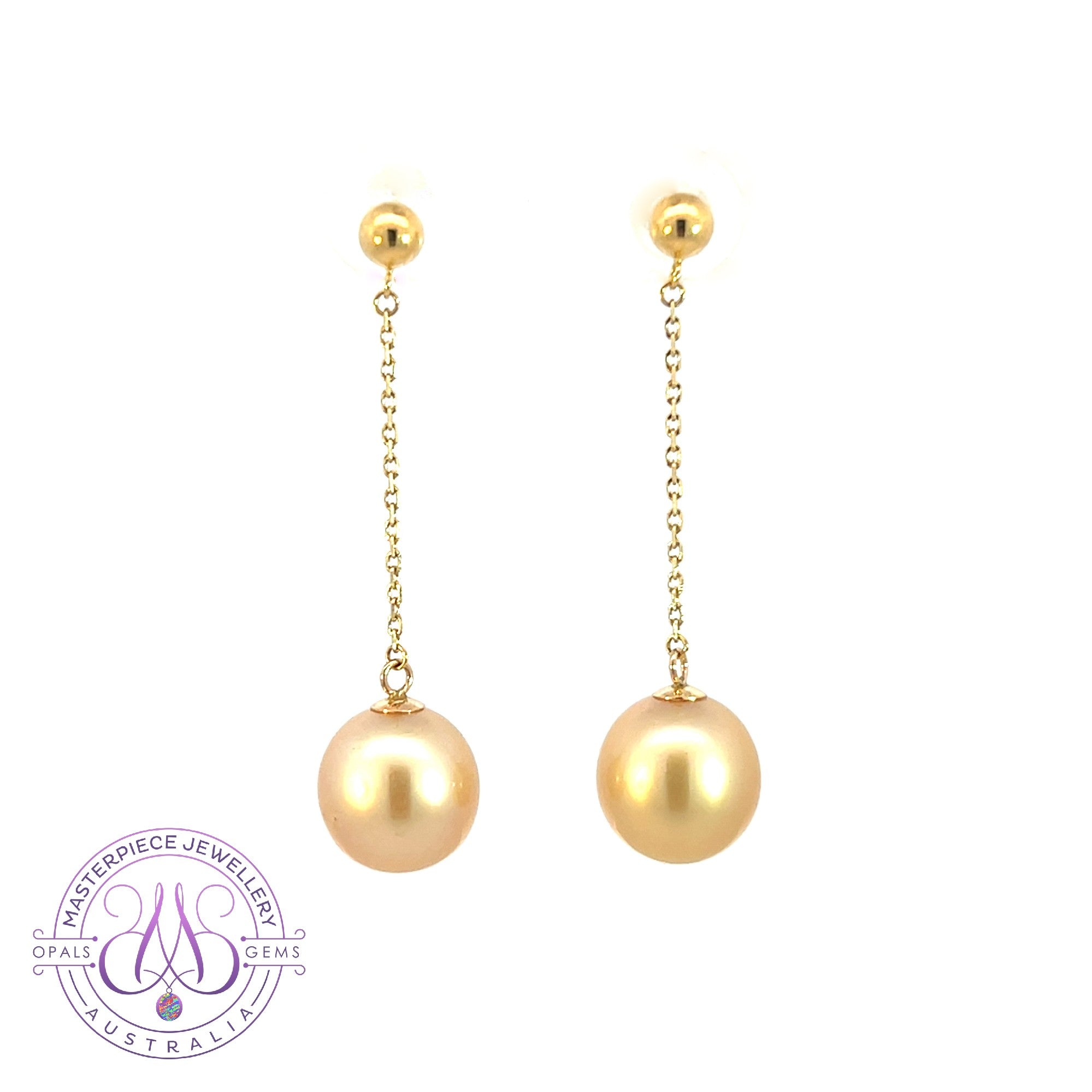 18kt Yellow gold dangling Golden South Sea Pearl 9-10mm earrings