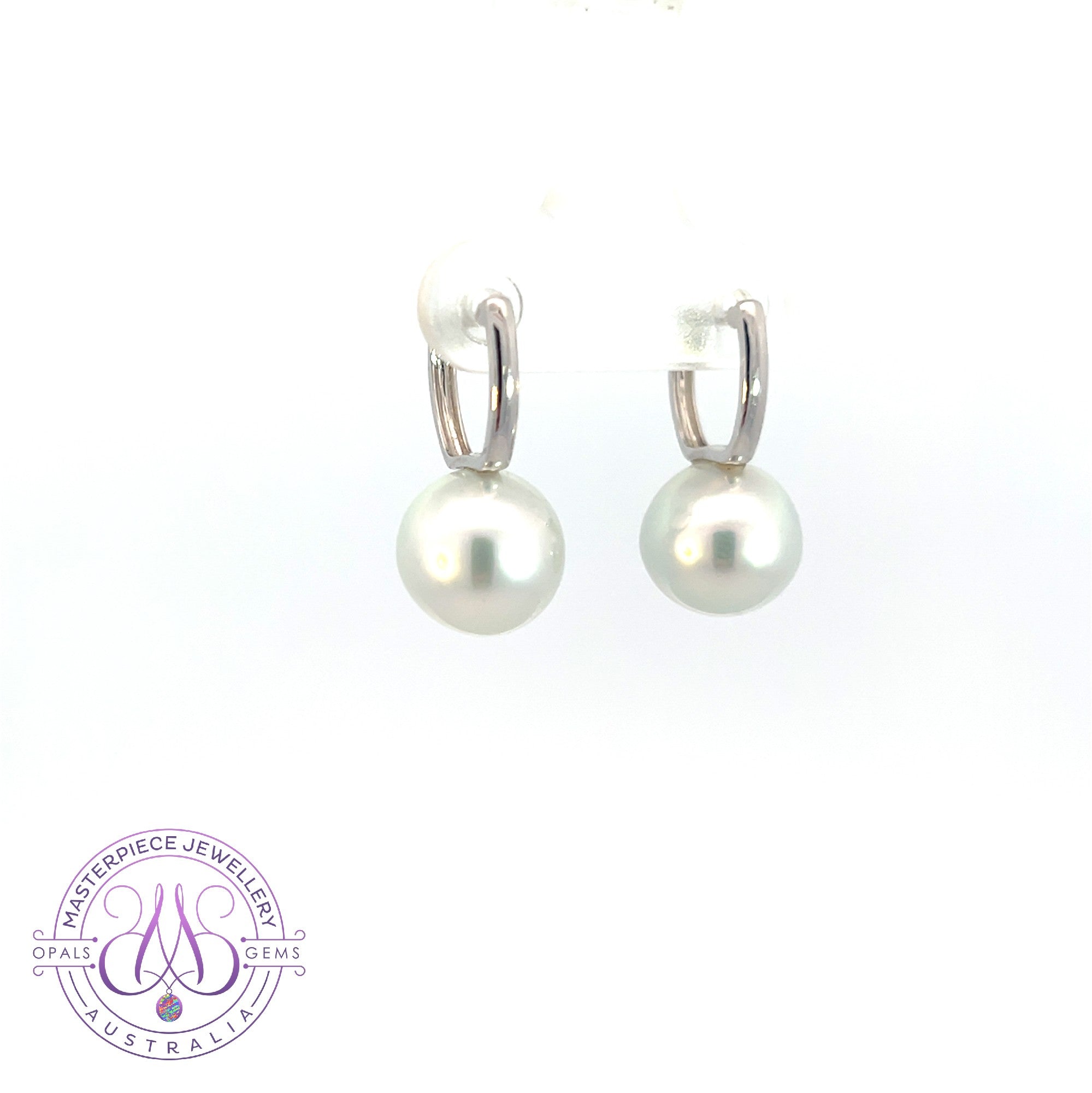 18kt White Gold short huggie style South Sea Pearl 10.3mm earrings