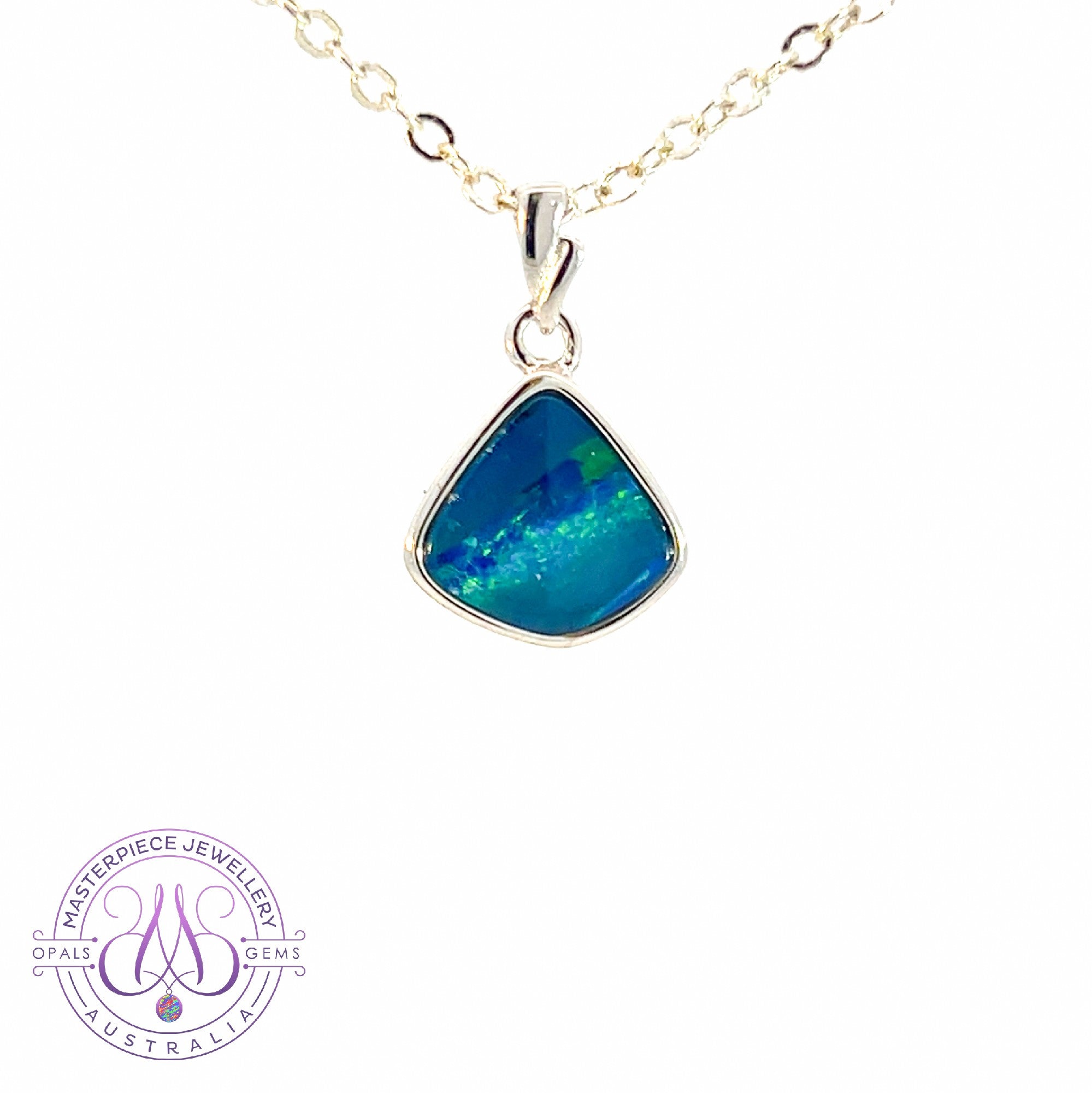 Sterling Silver triangle shape Blue Green stripe pattern Opal doublet pendant