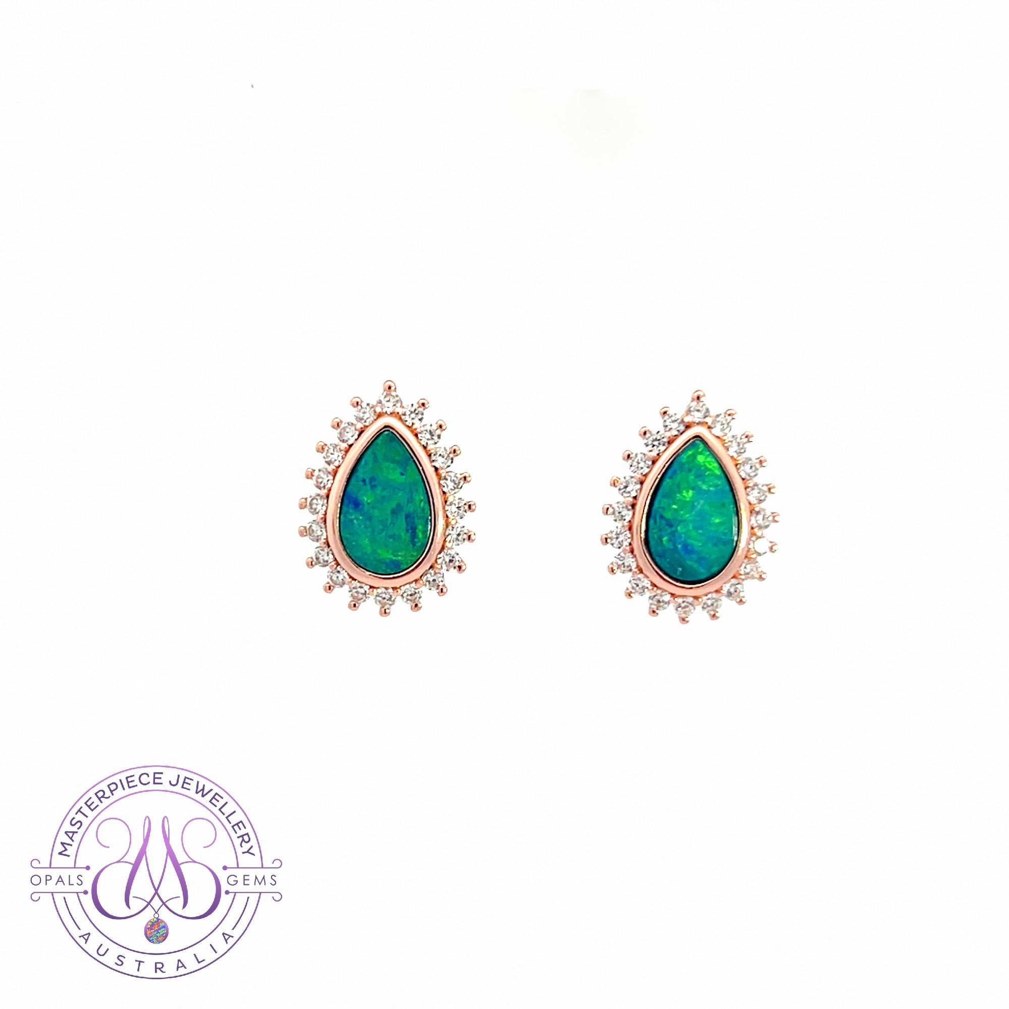 Rose Gold plated cluster pearshape Opal doublet green studs