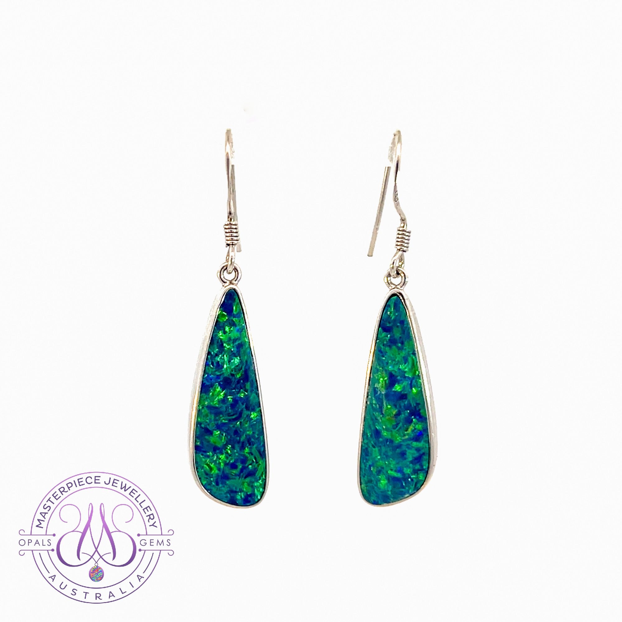 Sterling Silver pair of dangling long shape Opal doublet earrings