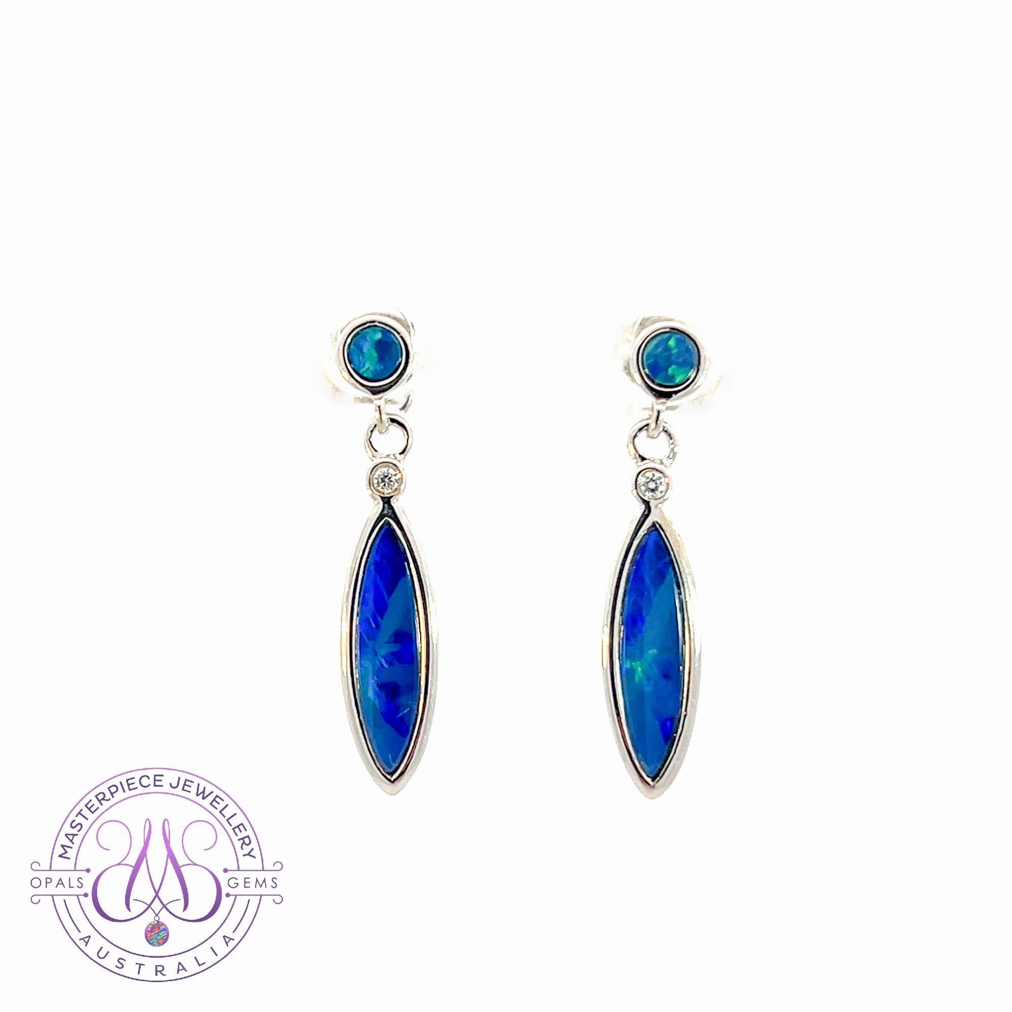 Sterling Silver Opal dangling Blue Green marquise and round shape drop earrings