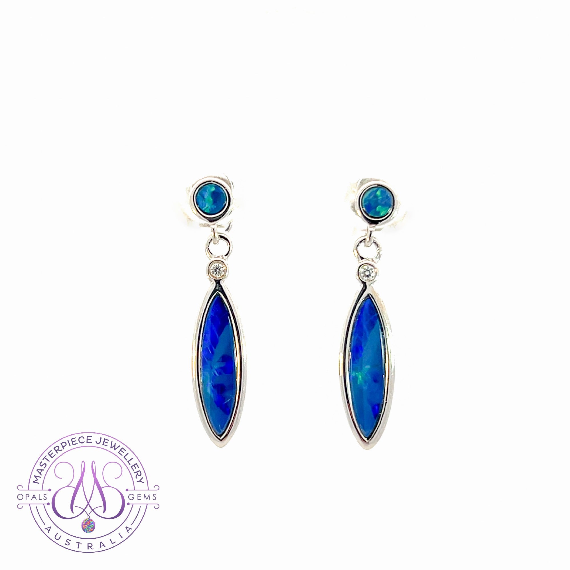 Sterling Silver Opal dangling Blue Green marquise and round shape drop earrings