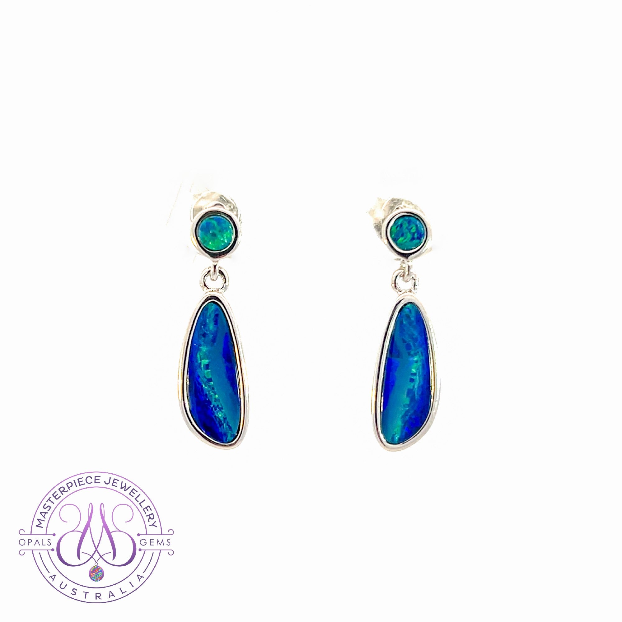 Sterling Silver drop style bezel earrings with round and freeform Opal doublets Blue