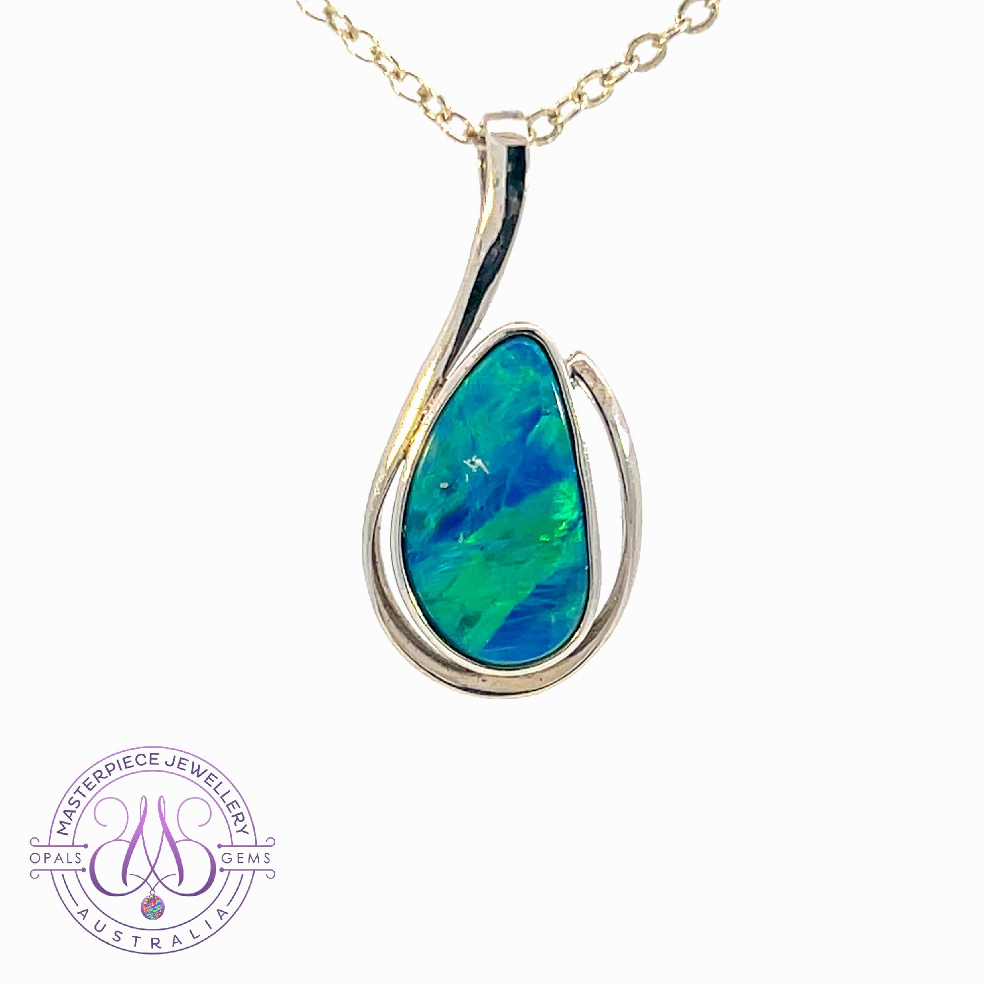 Sterling Silver freeform Blue Green stripe pattern Opal doublet pendant