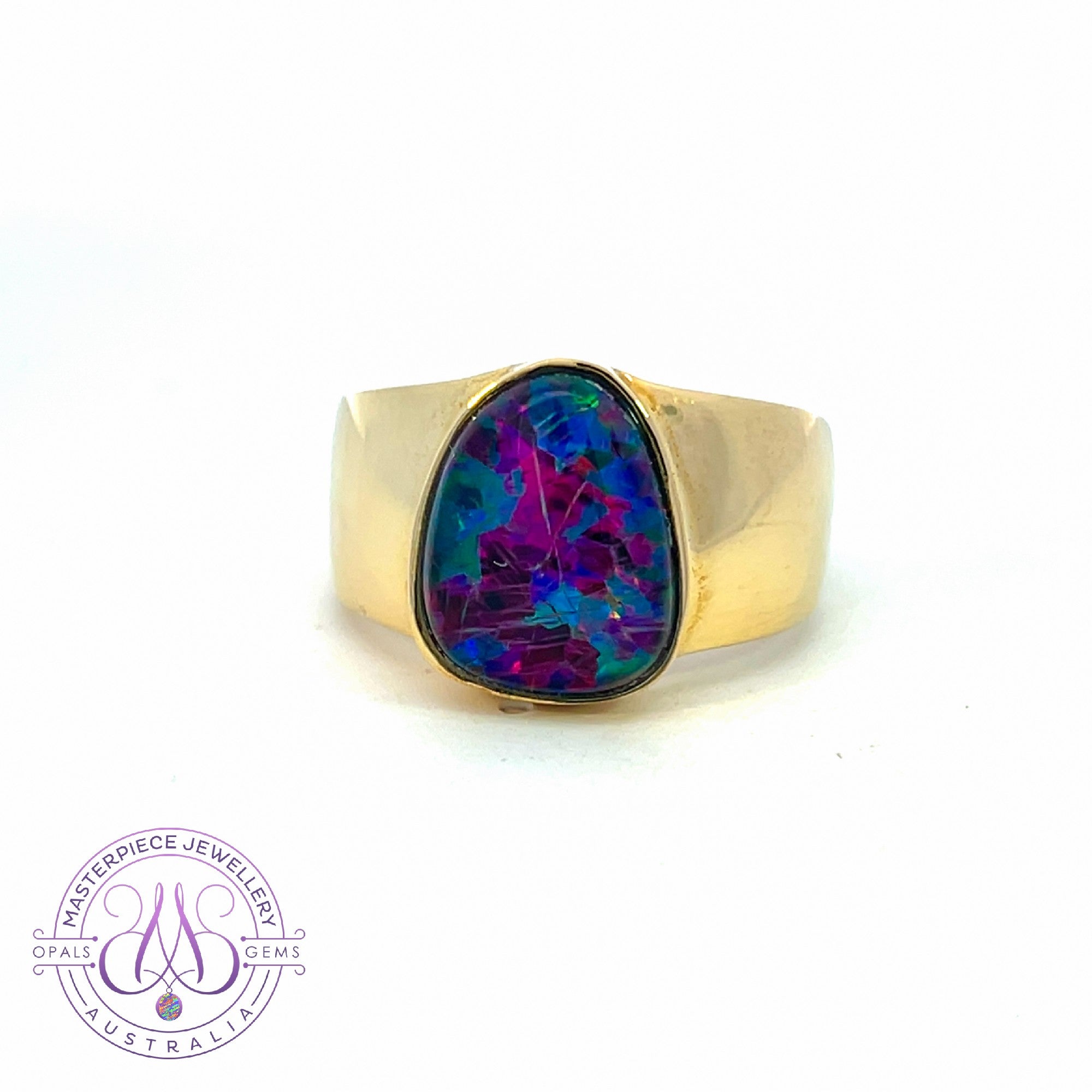 9kt Yellow Gold broad gents band with freeform Opal triplet bezel set