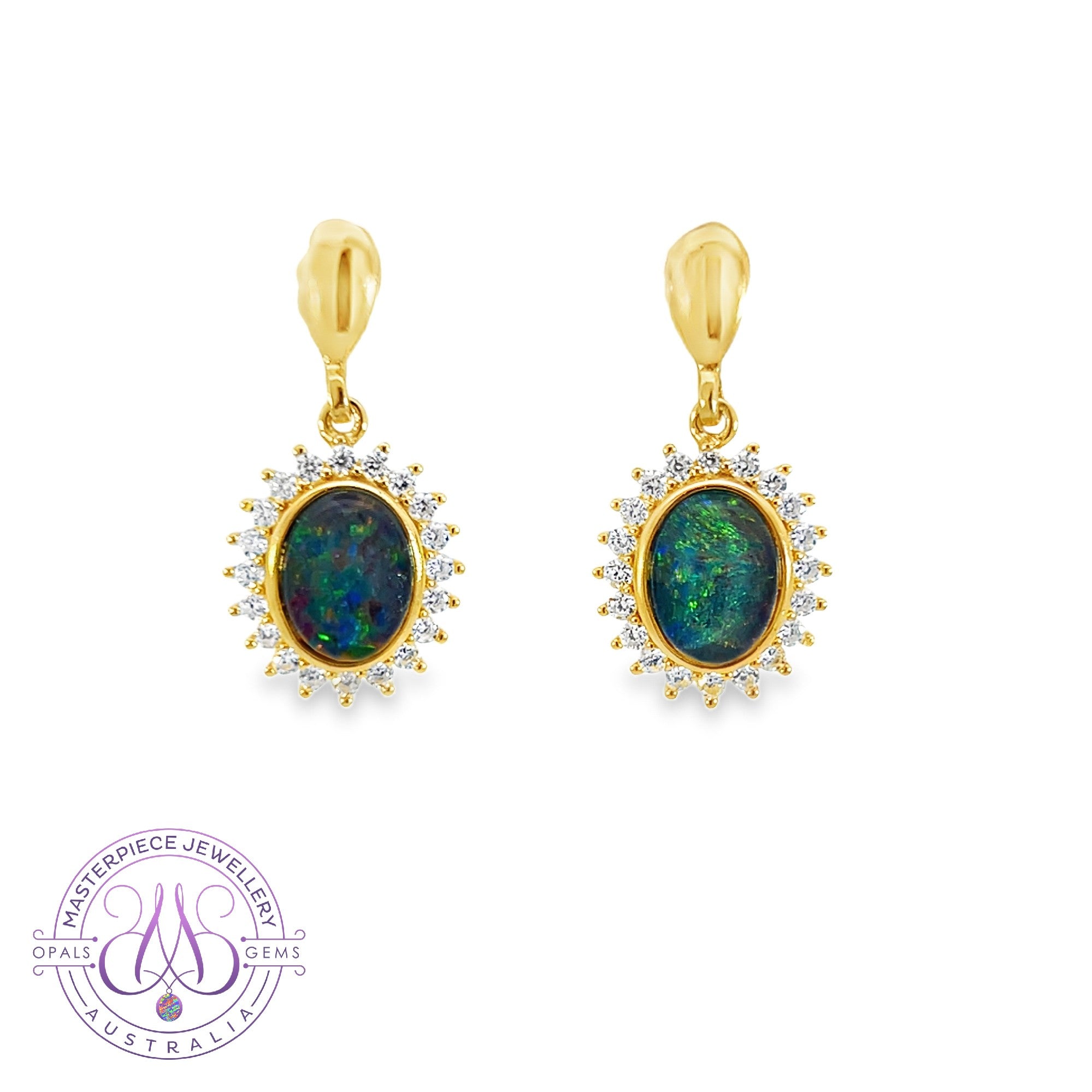 Gold Plated cluster dangling short 8x6mm opal triplet earrings