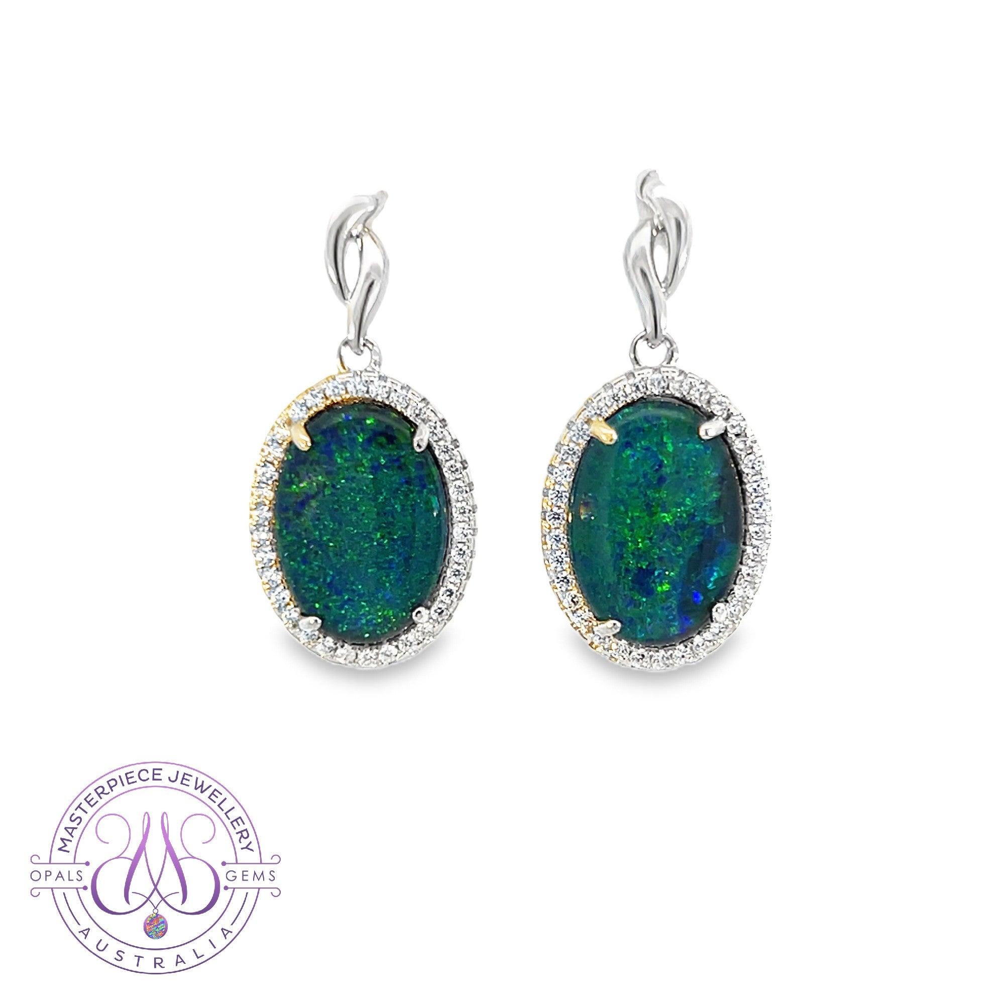 Sterling Silver large dangling halo earrings Opal tripelts 14x10mm