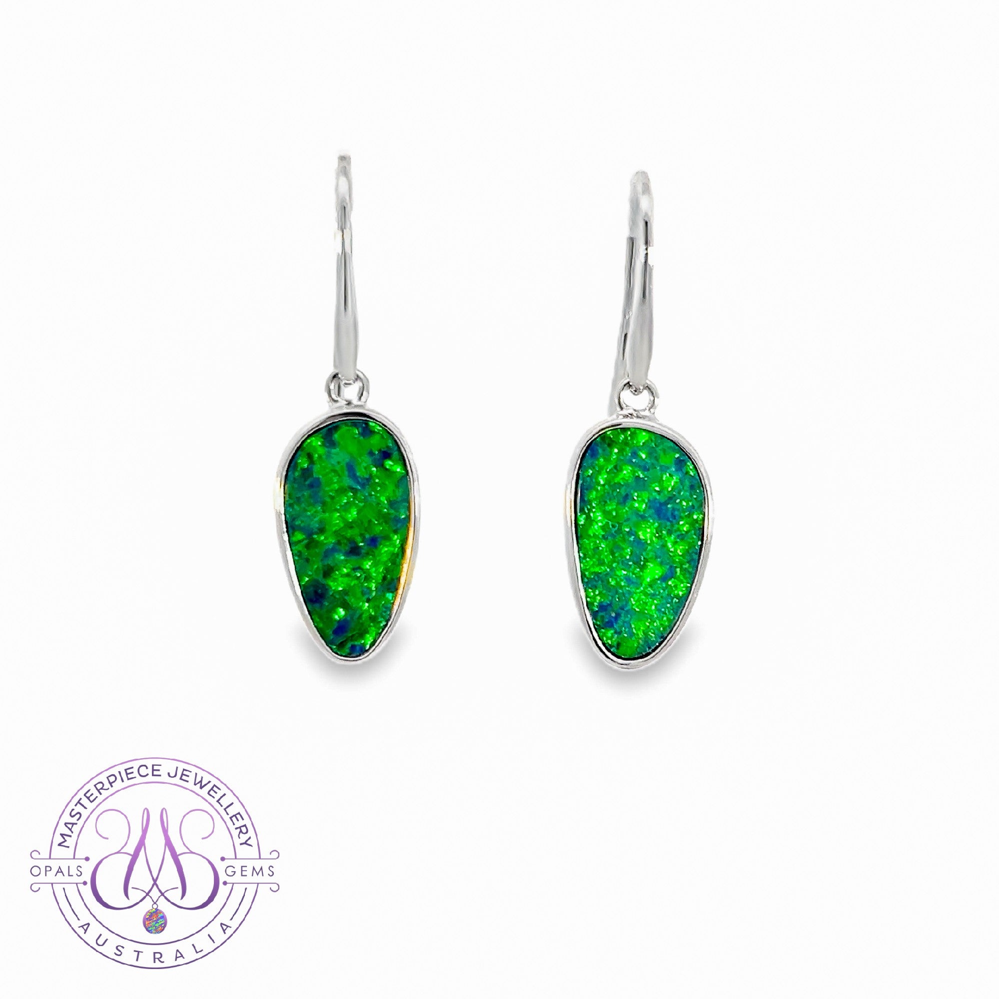 14kt White Gold Opal doublet Green flash dangling hook earrings