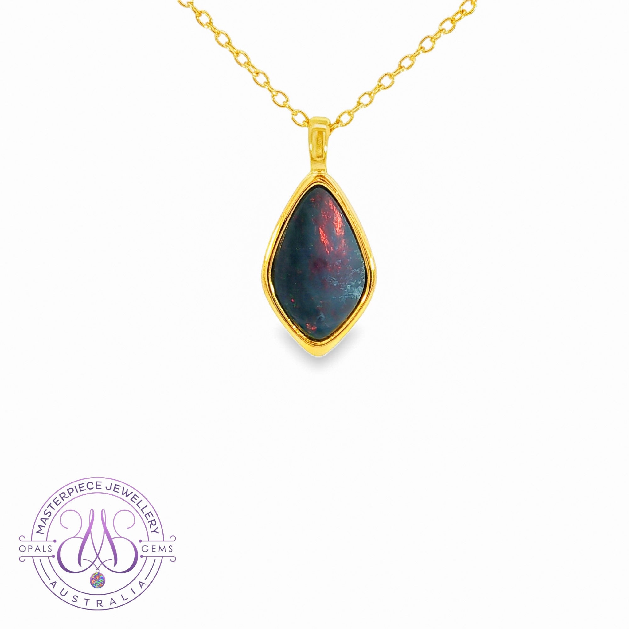 Gold plated silver kite shape Red Black Opal doublet pendant