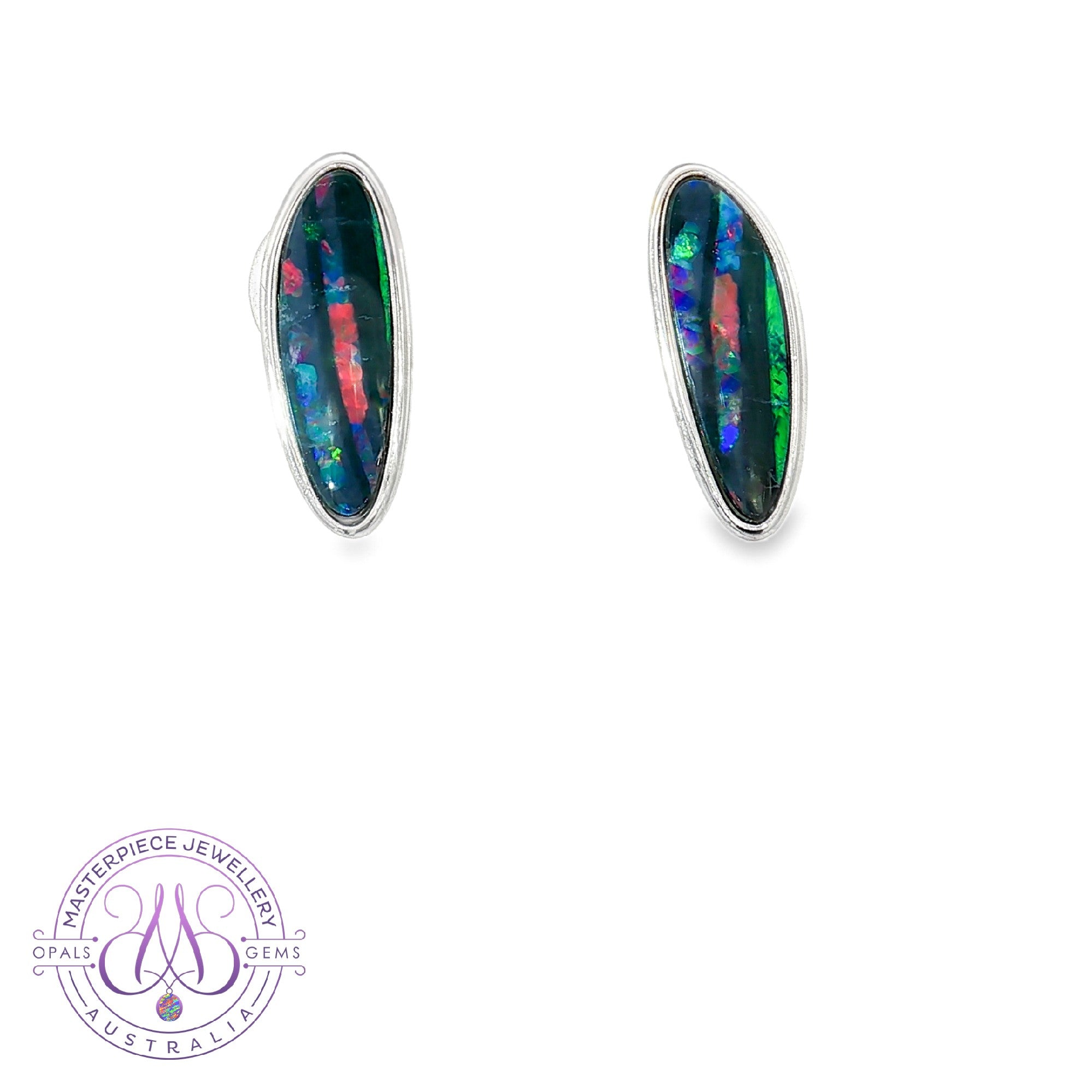 Sterling Silver long freeform shape Red Black Green Opal doublet studs