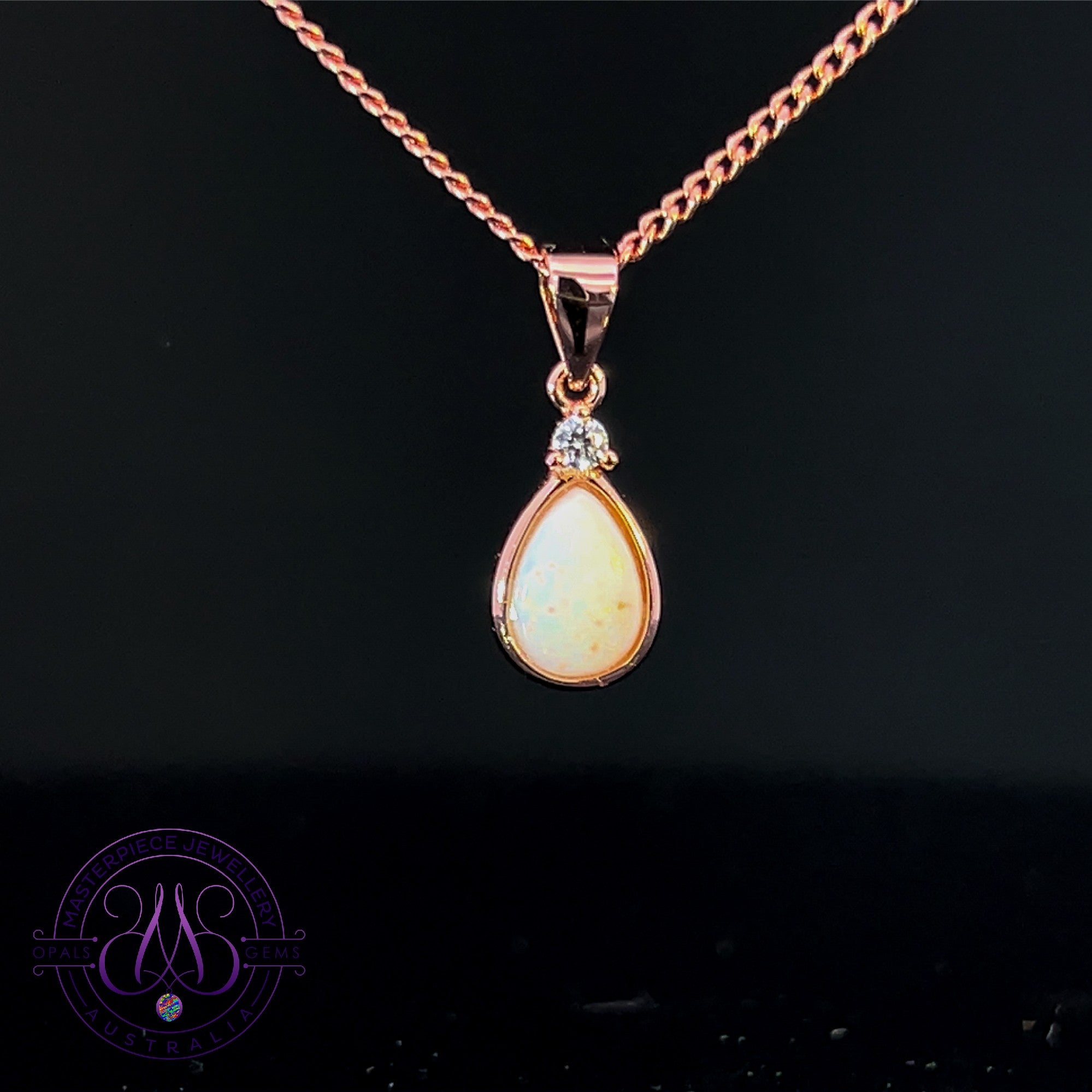 Rose Gold plated silver White Opal 8x5mm pearshape bezel set pendant