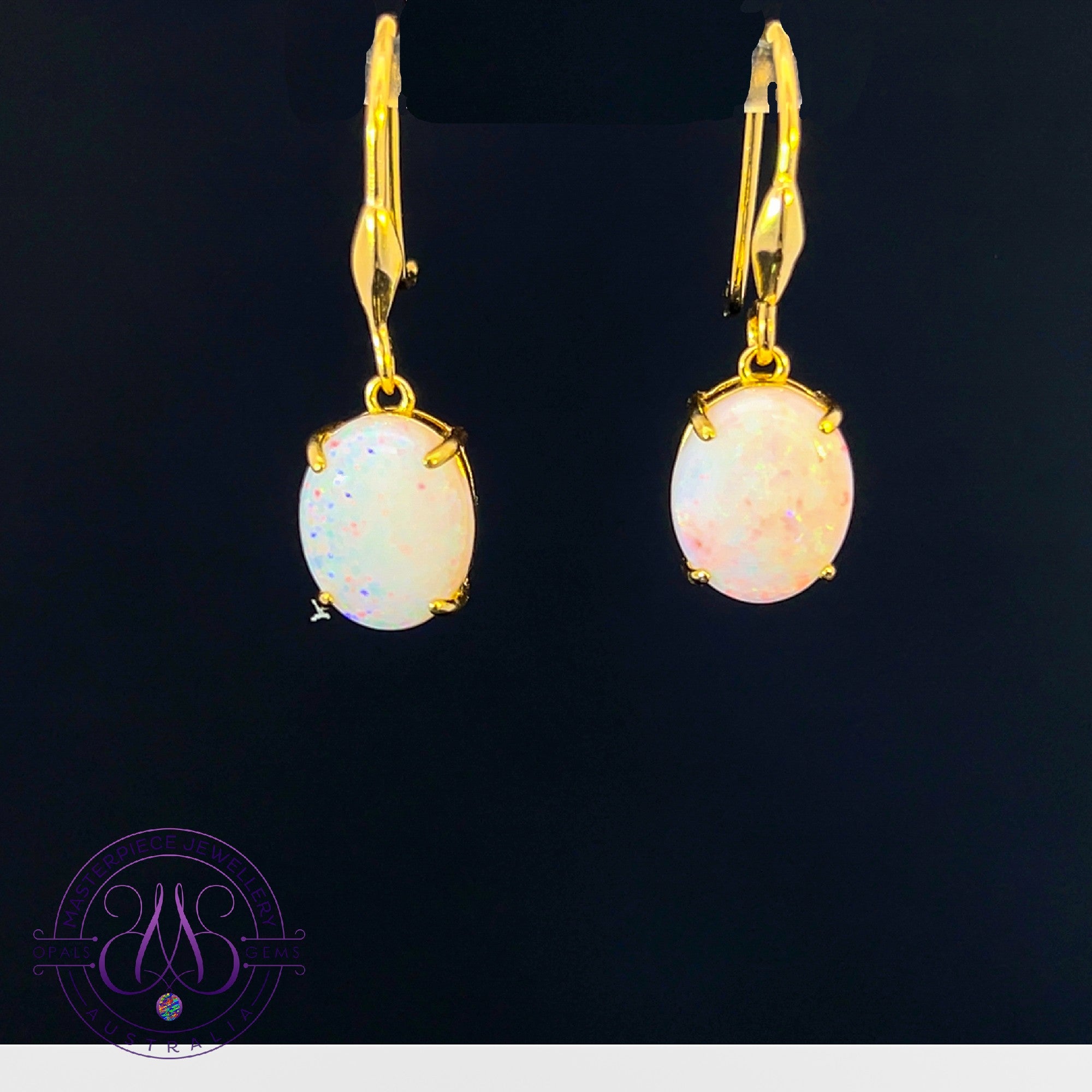 Gold Plated Sterling Silver dangling 10x8mm White Opal earrings on hooks