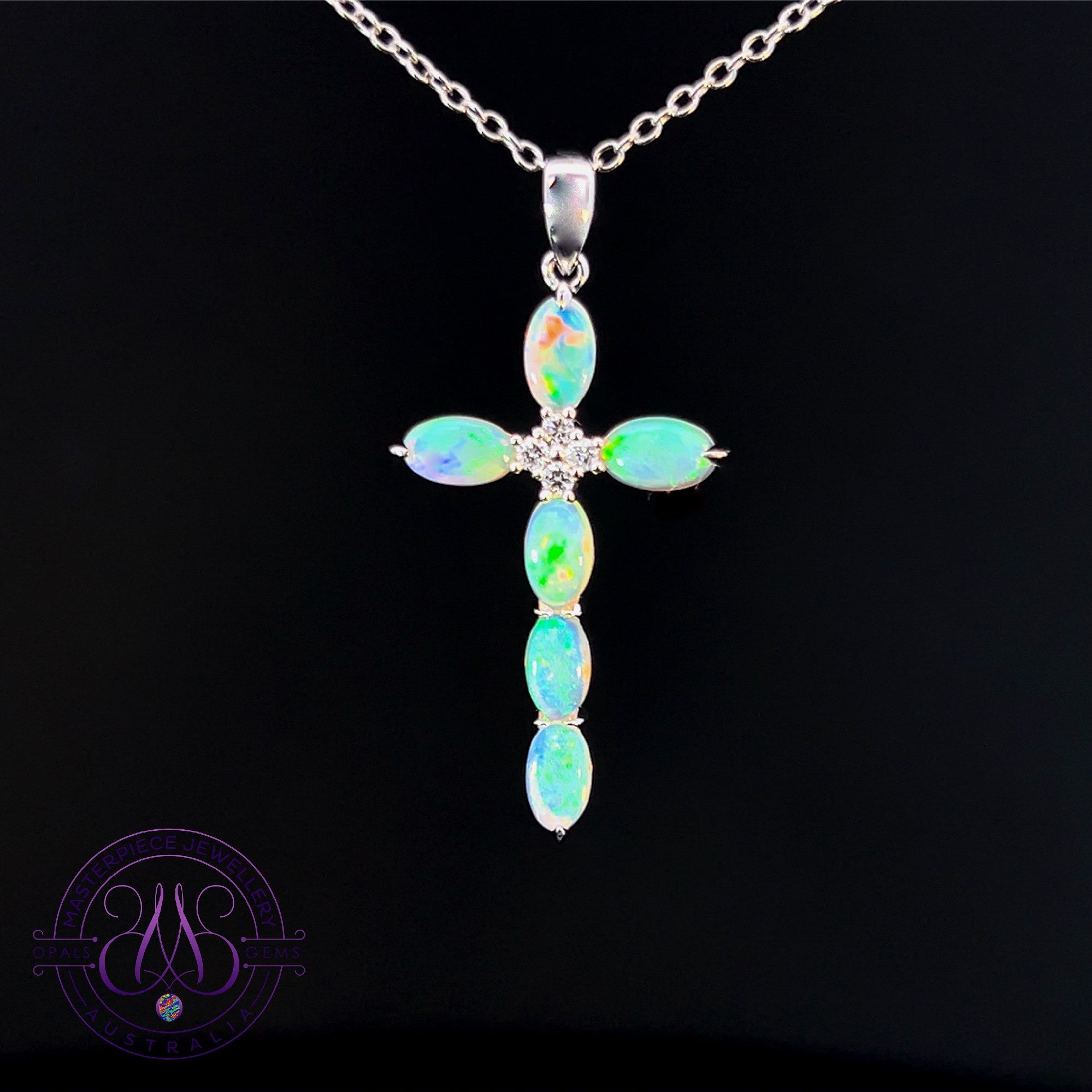 14kt White Gold Crystal Opal 6x3mm and diamond cross pendant