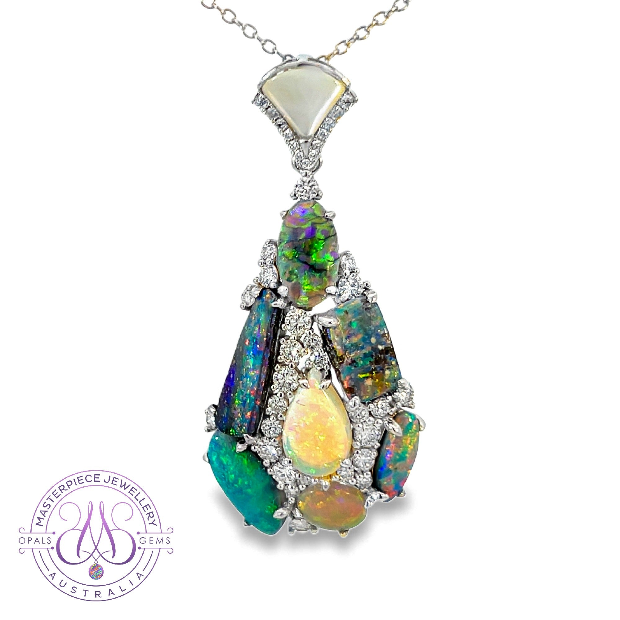 18kt White Gold cluster freeform Drop shape Opal pendant with mother of Pearl and diamonds