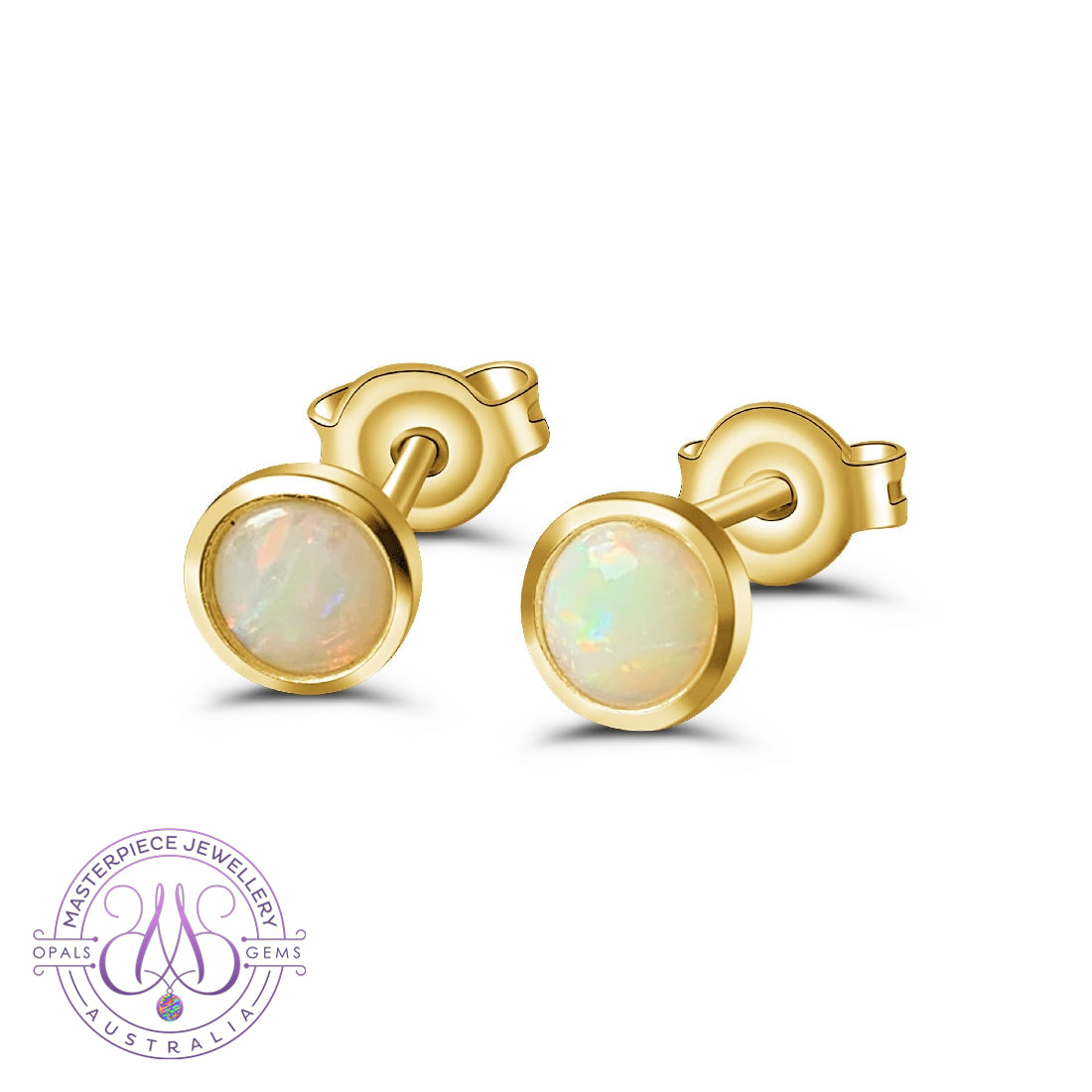 Gold Plated Silver 6mm White Opal Round bezel set stud earrings