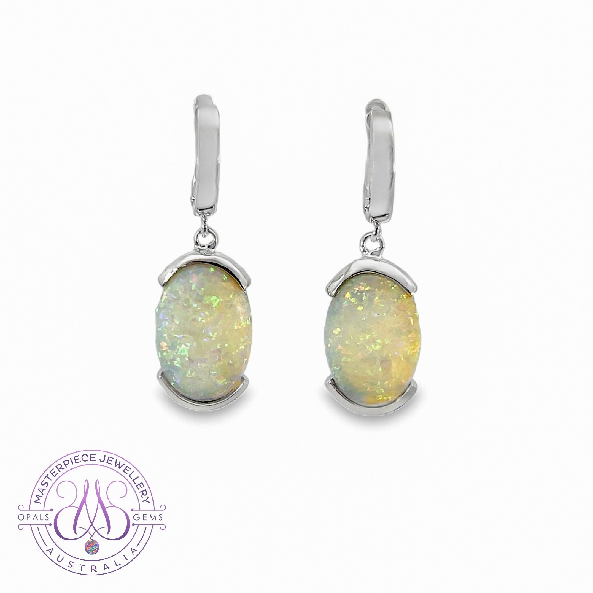 Sterling Silver drop style huggie White Opal 16x10mm half bezel earrings