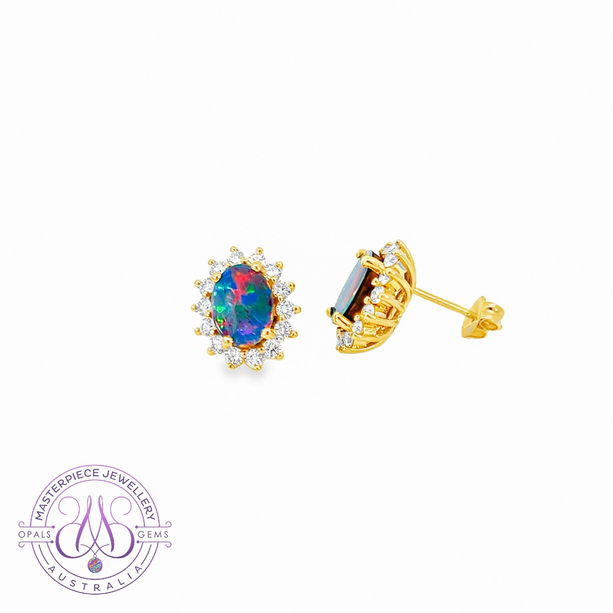 18kt Yellow Gold Opal and diamond cluster earring studs