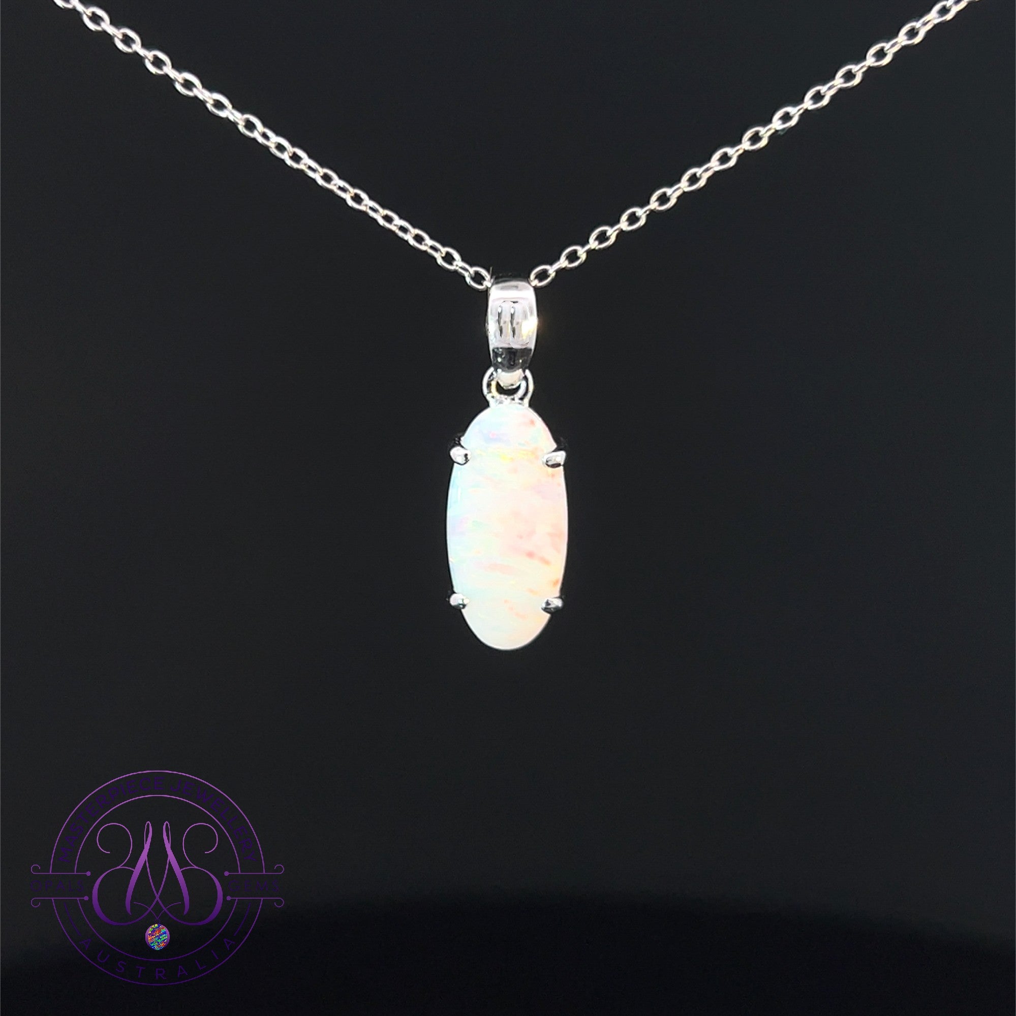 Sterling Silver long Oval White Opal 1.57ct pendant
