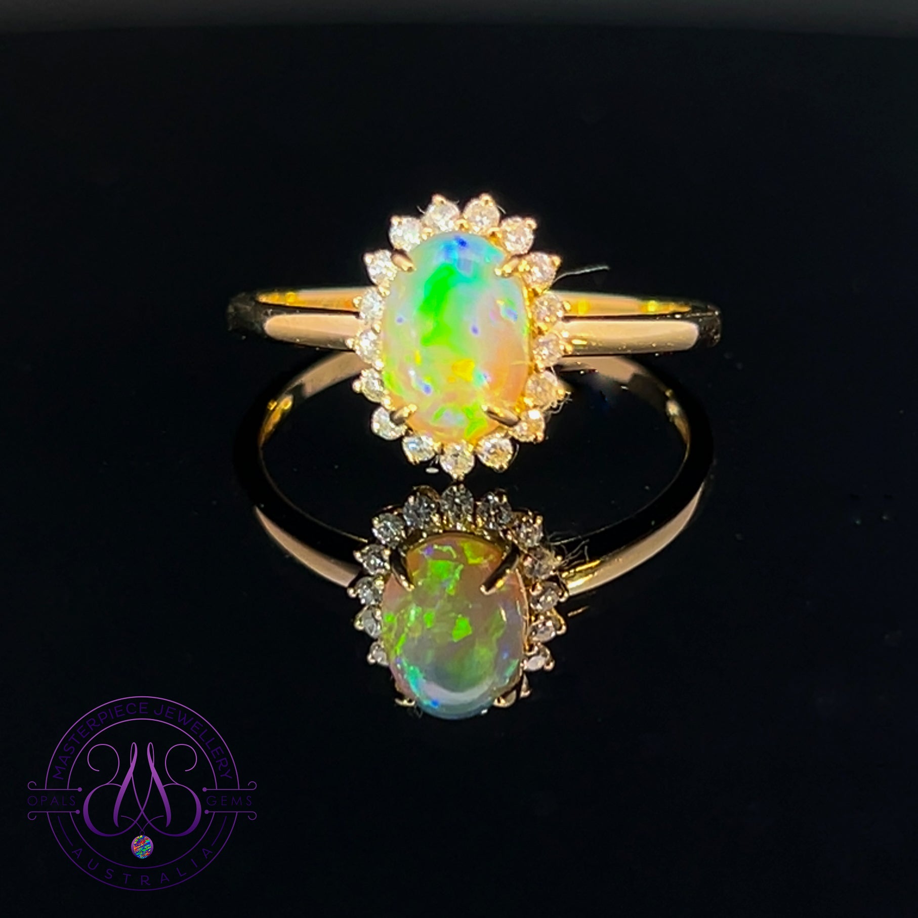 18kt Yellow Gold cluster Black Opal crystal 0.7ct and diamond ring