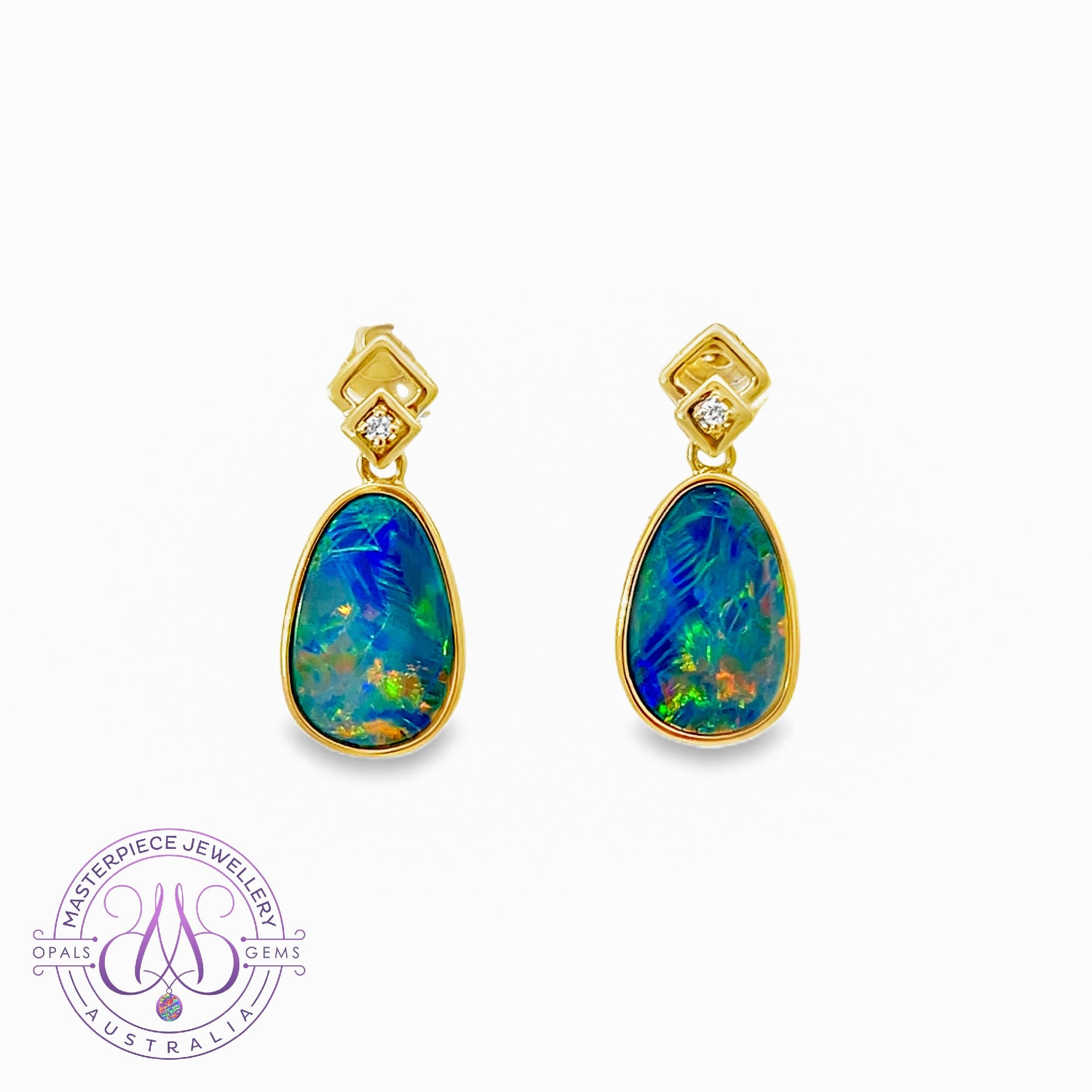 14kt Yellow Gold dangle earrings set with Opal doublets 3.81ct