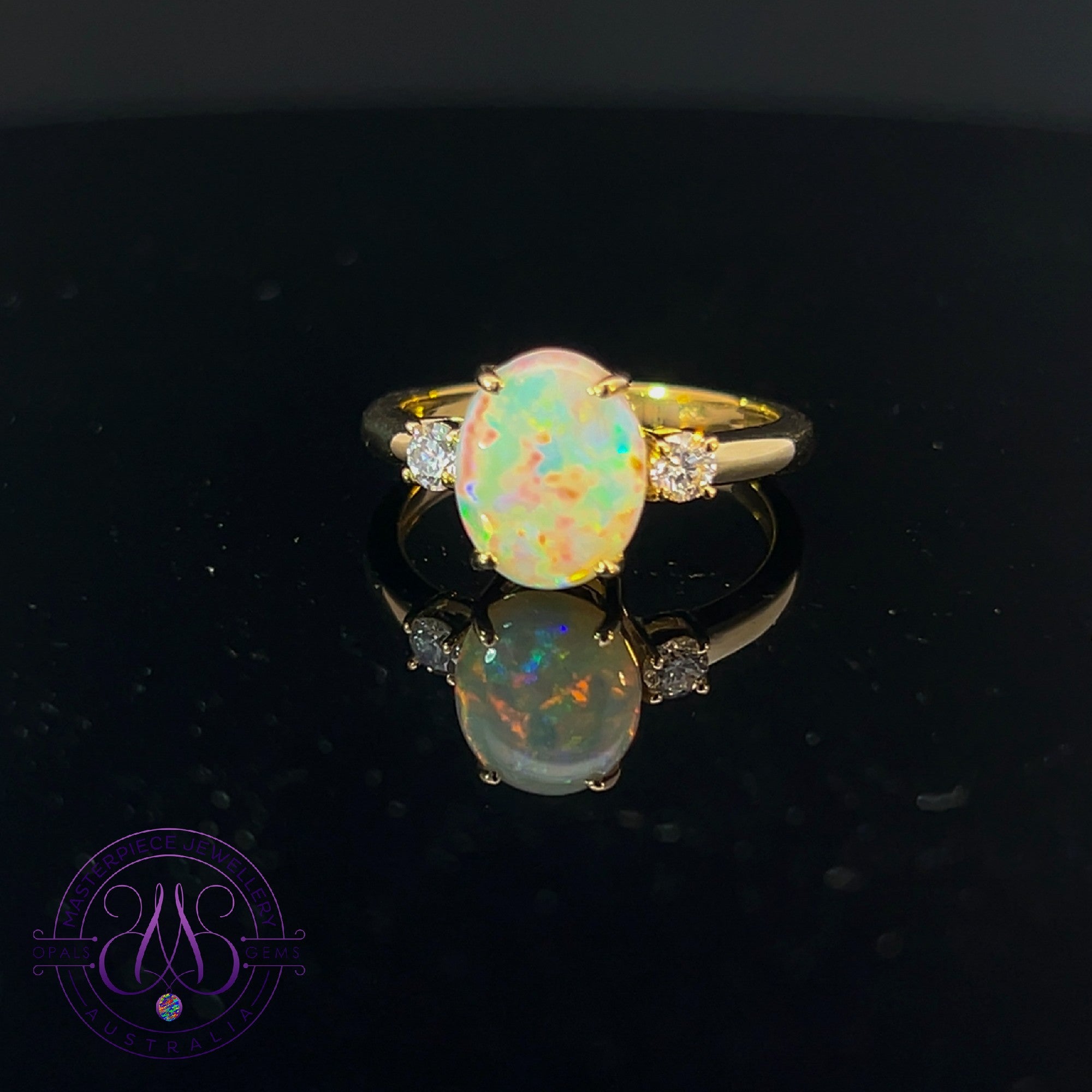 18kt Yellow Gold 3 stone ring Crystal Opal and diamond ring
