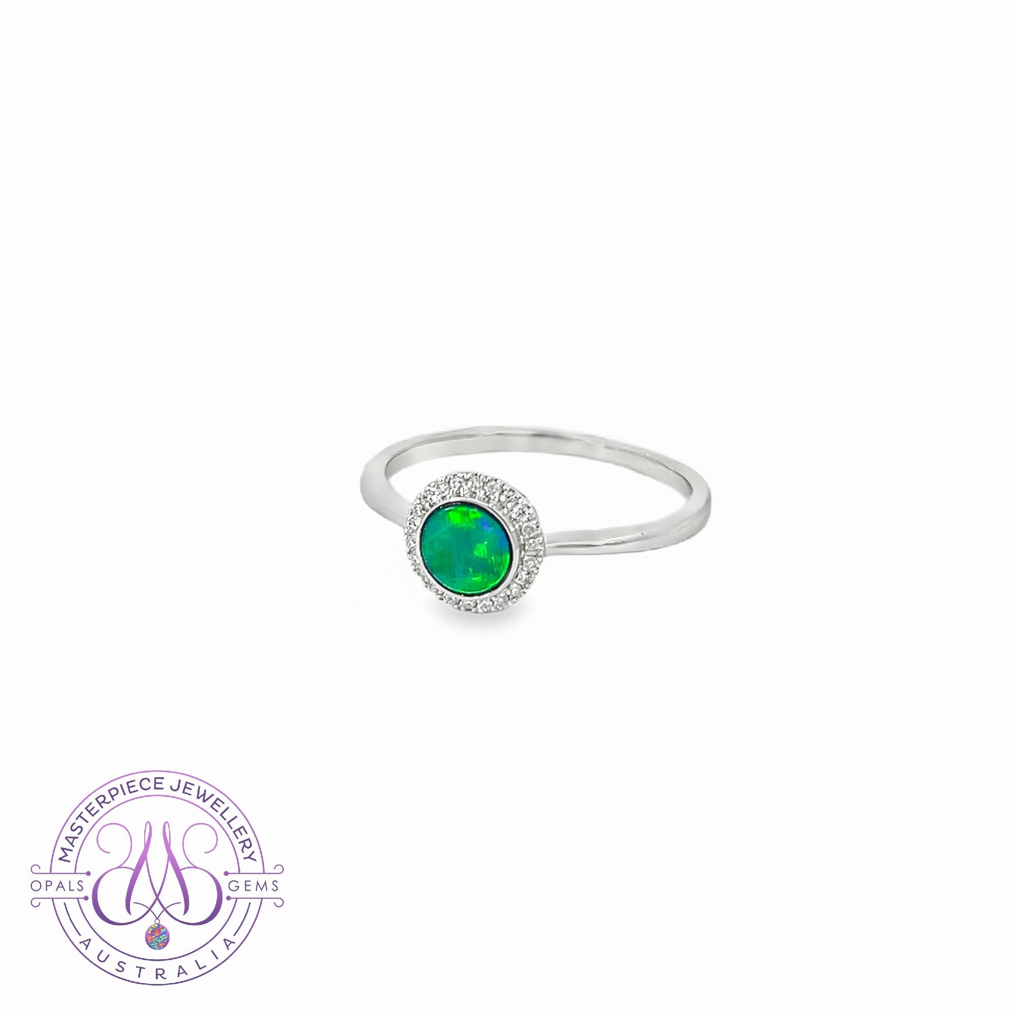 14kt White Gold cluster ring with one 5mm Opal doublet diamond cluster
